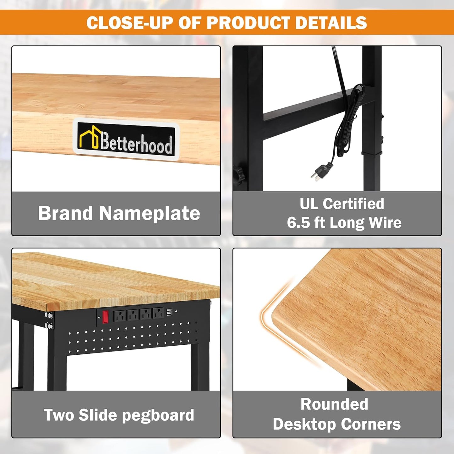 Betterhood 48" Adjustable Workbench on Wheels, Rubber Wood Heavy Duty Workstation with Power Outlets&2 Pegboards, 2000 Load Capacity Hardwood Worktable for Workshop, Garage, Office, Home, Commercial