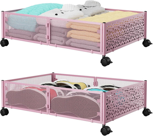 Under the Bed Storage Containers with Wheels, Under Bed Storage, Under Bed Shoe Storage Organizer Drawer, Tool-free Assembly Metal Underbed Storage Containers -Pink
