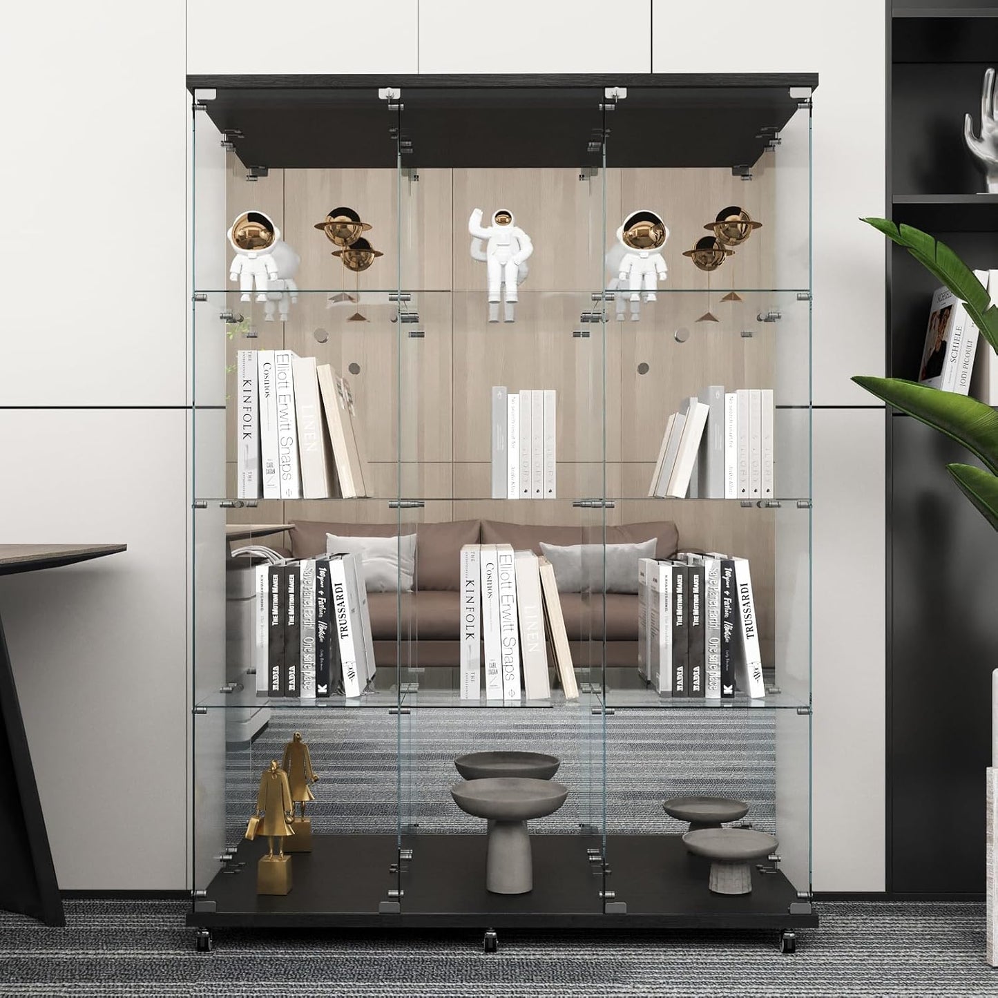 Beauty4U Glass Display Cabinet with Mirror Back Panel, 12 Shelves with 3 Columns, 2 Doors Curio Cabinets for Living Room, Bedroom, Office, Black Floor Standing Glass Bookshelf, Quick Installation