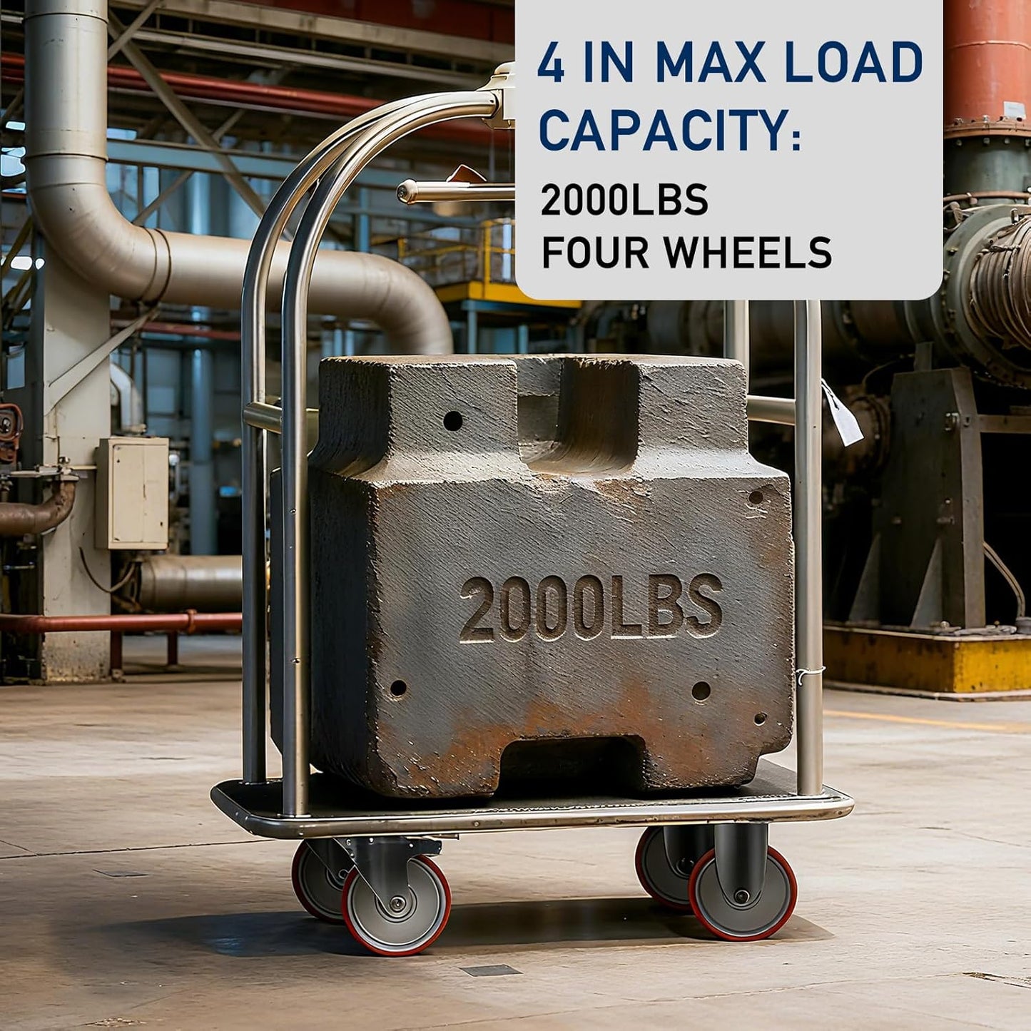 4 Inch Caster,Heavy Duty Caster Wheels Set of 4,Load 2000 Lbs,Polyurethane Steel Wheels,Swivel Wheels with Brake for Trolleys,Warehouse Cargo Handling,Workbench Moving(2Brake&2Rigid)