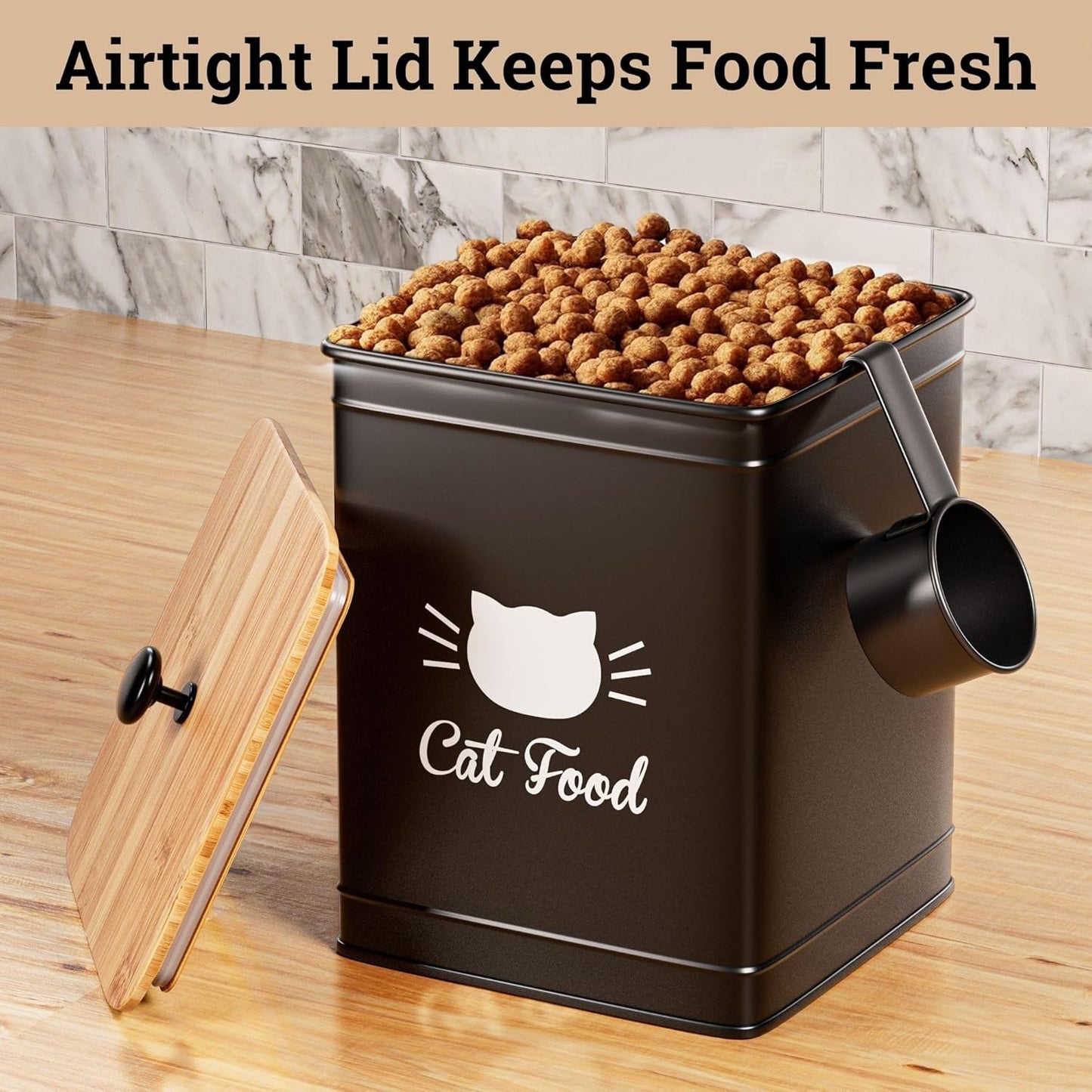 Cat Food Storage Container with Scoop - 5-7 lb (25 Cup) Capacity Metal Cat Food Container with Airtight Bamboo Lid and Metal Scoop - Airtight Pet Food Storage Containers 5 lb - 7 lb Kibble Container