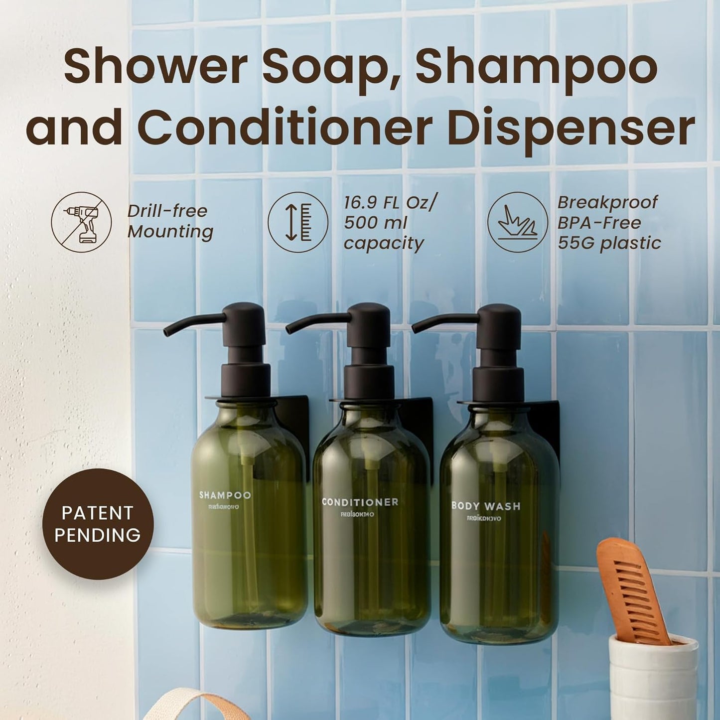 MaisoNovo Shampoo and Conditioner Dispenser - Shower Soap Dispenser Wall Mounted - 16.9 fl oz Set of 3 Green Plastic Bottles Black Pump - Shampoo Dispenser, Shower Dispenser