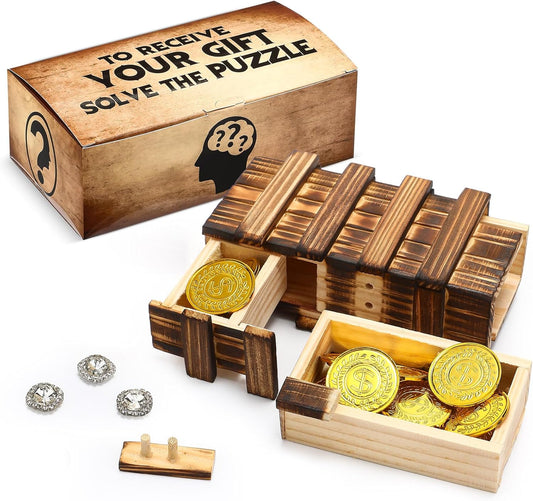 Gejoy Secret Puzzle Box Cash Gift Wooden Puzzle Box for Adults Brain Teaser Wooden with Hidden Compartments for Christmas Cash Gift (Brown,15.5 x 8.4 x 5 cm,Three Opening)