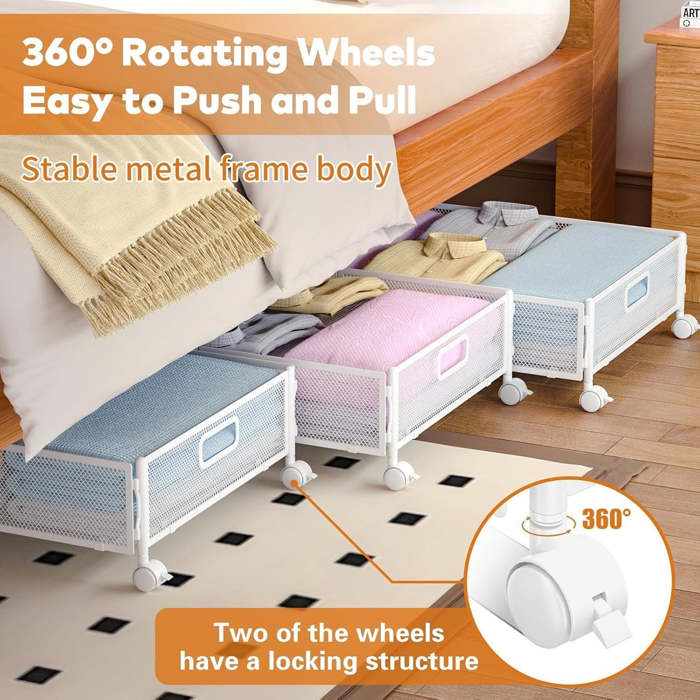 Under Bed Storage with Wheels, Rolling Under Bed Storage Bins for Shoes Clothes, Foldable and Easy Mobility (4 Pack, White)