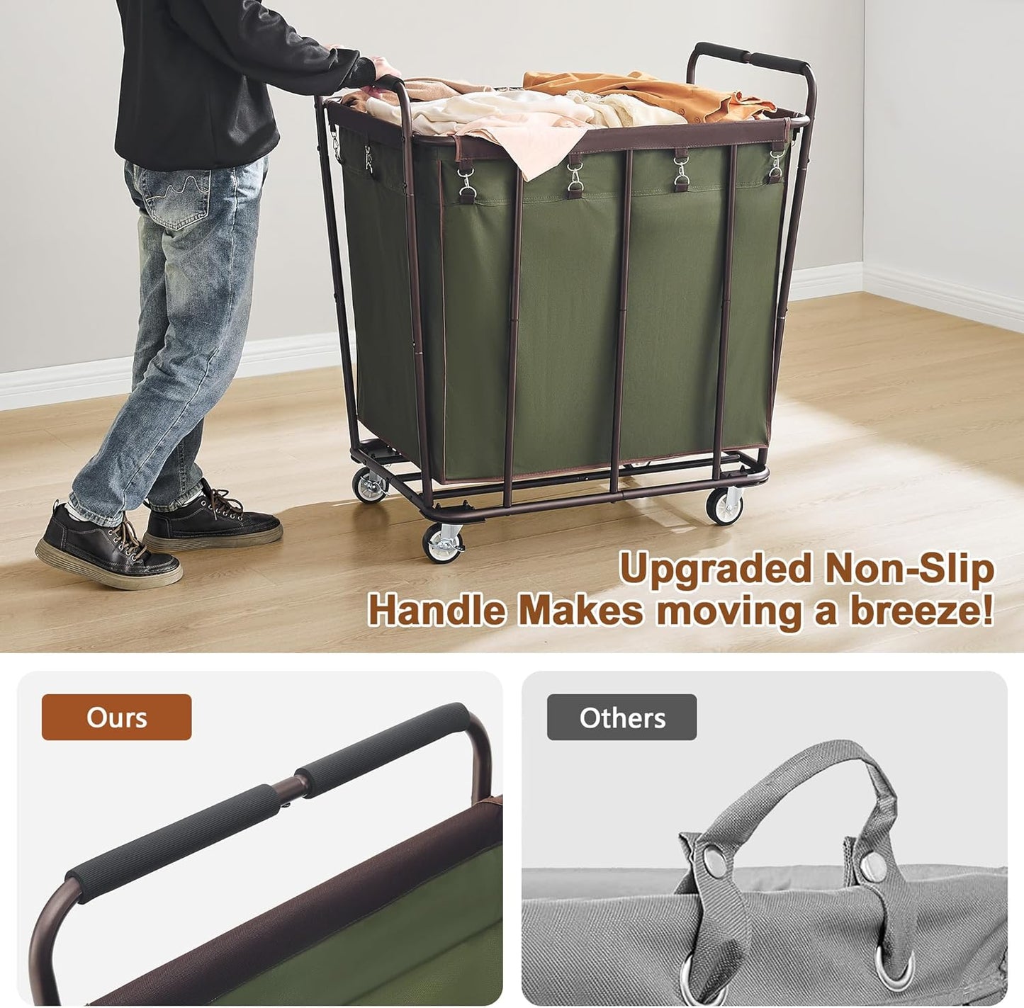 Hoctieon Large Laundry Cart with Wheels, 400L Heavy Duty Laundry Basket Organizer, Rolling Hamper Sorter for Clothes Storage, Industrial Dirty Clothes Hamper for Home & Hotel, Green+Brown