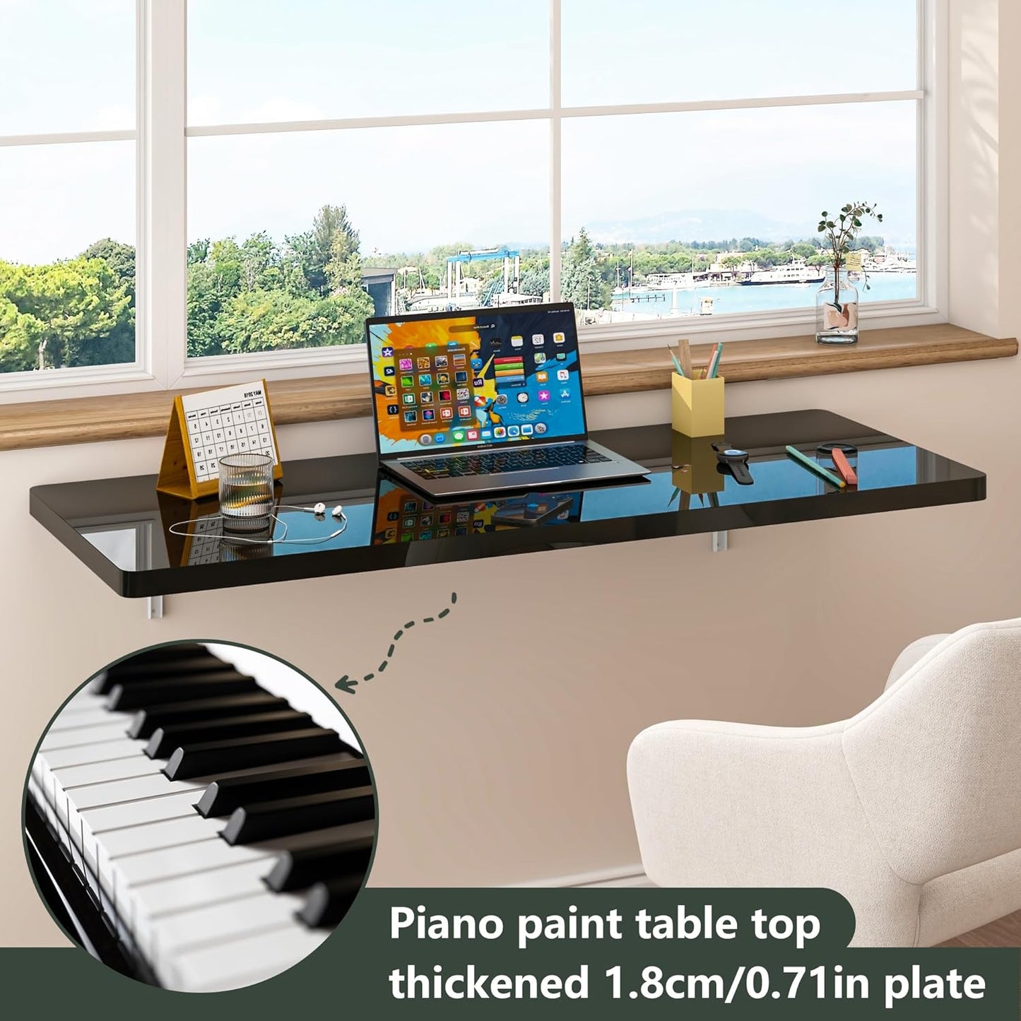 Clikuutory Wall Mounted High Gloss Folding Table, Wall Desk Fold Down for Small Spaces, Folding Workbench for Laundry Room, Home Office, Kitchen, Bedroom, Home Bar, Black (47.2"×19.7")