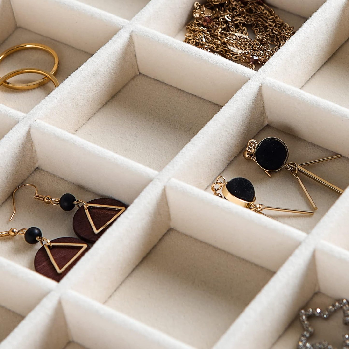 Frebeauty Stackable Velvet Jewelry Organizer Trays for Drawers Inserts Jewelry Storage Tray Display Case, Stud Earrings Bracelets Necklace Rings Accessories Trays for Women Girls(Set of 2 Beige)