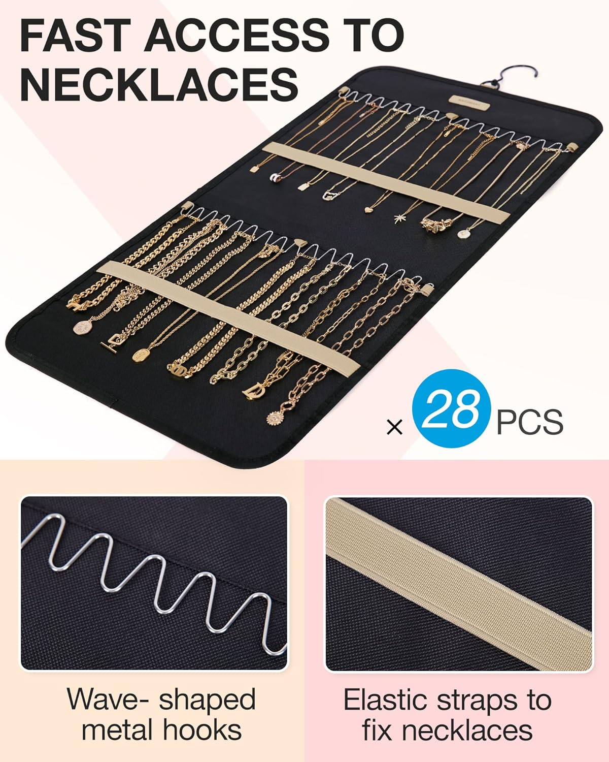BAGSMART Hanging Jewelry Organizer Storage Roll with Hanger Metal Hooks Double-Sided Jewelry Holder for Earrings, Necklaces, Rings on Closet, Wall, Door, 1 piece, Medium, Black