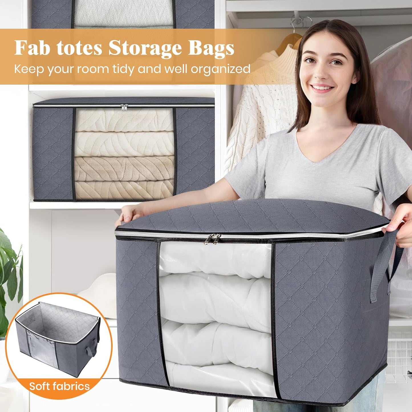 Fab totes 24 Gallons Clothes Storage, Foldable Thick Fabric Blanket Storage Bags, Containers for Organizing Bedroom, Closet, Clothing, Comforter, Organization with Handle (8 Pack,Grey)