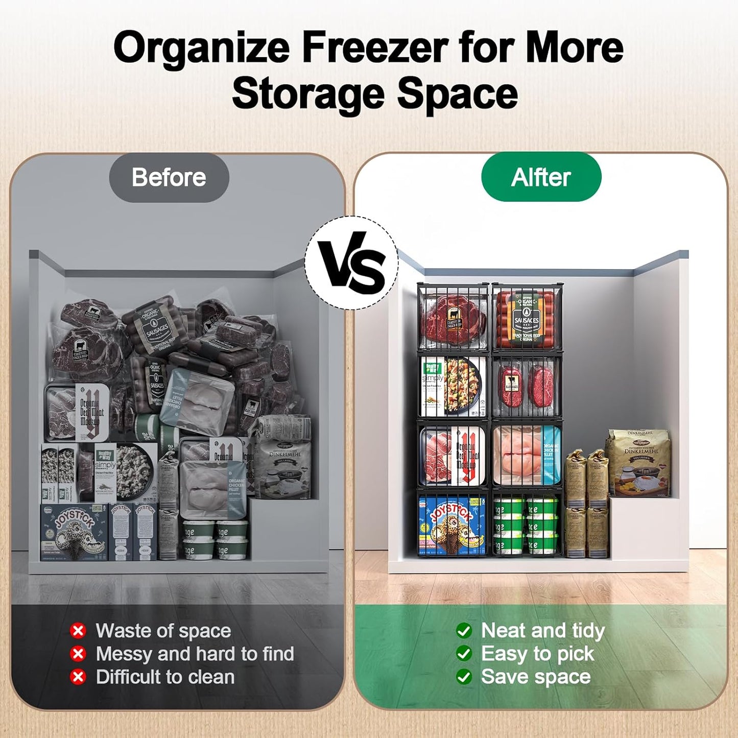 Freezer Organizer Bins, 6 Pack Stackable Deep Chest Freezer Organizer Bins, Foldable Baskets with Handles, Black Storage Container Baskets for 5/ 7 Cu.FT Deep Freezer Sort Frozen Meats