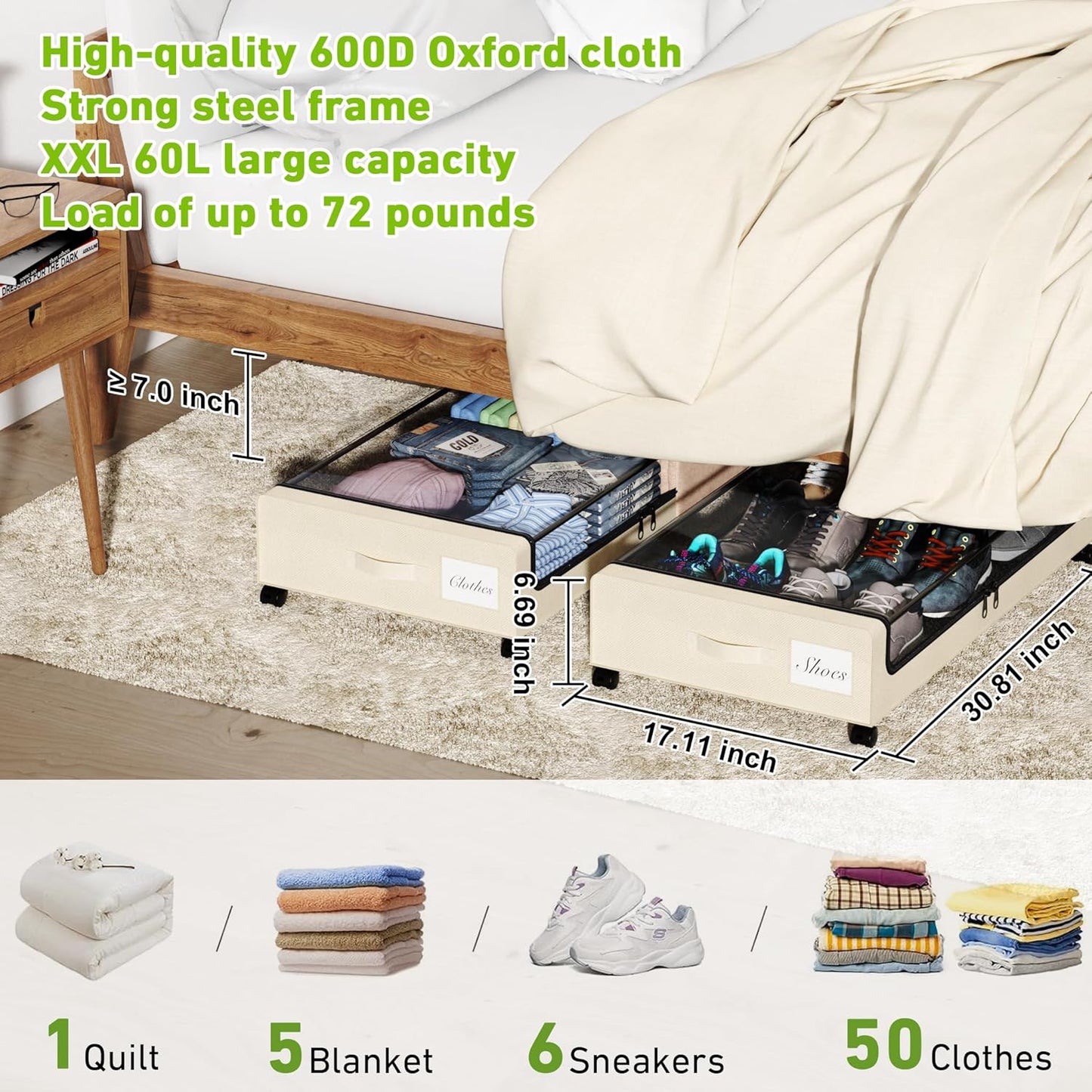 Under Bed Storage with Wheels, XXL 60L Under the Bed Storage Bins, Underbed Storage Containers with Lids & Label, Rolling Metal Drawer for Shoes, Clothes, Books, Toys (2-Pack Beige)