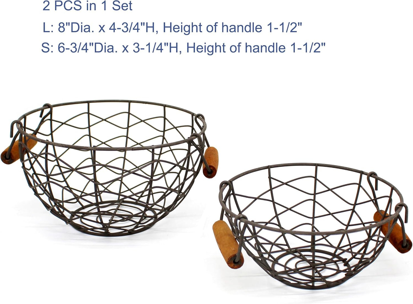 CVHOMEDECO. Round Wire Egg Baskets Rustic Fruit Baskets with Wooden Handles Primitives Vintage Collecting Basket. Rusty, Set of 2