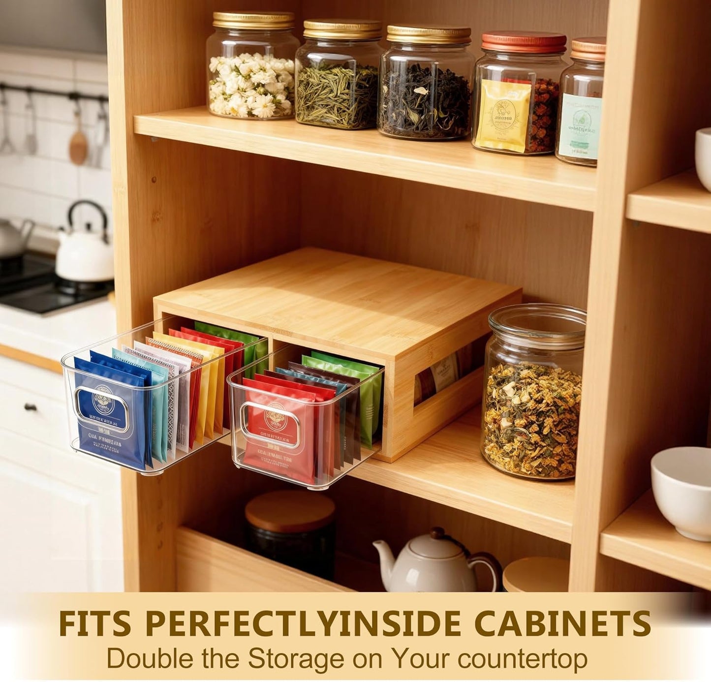 Tea Bag Organizer, Bamboo and Acrylic Drawer Tea Bag Holder Wood Tea Bag Storage for Drawers with 2 Roomy Compartments for Kitchen Living Room