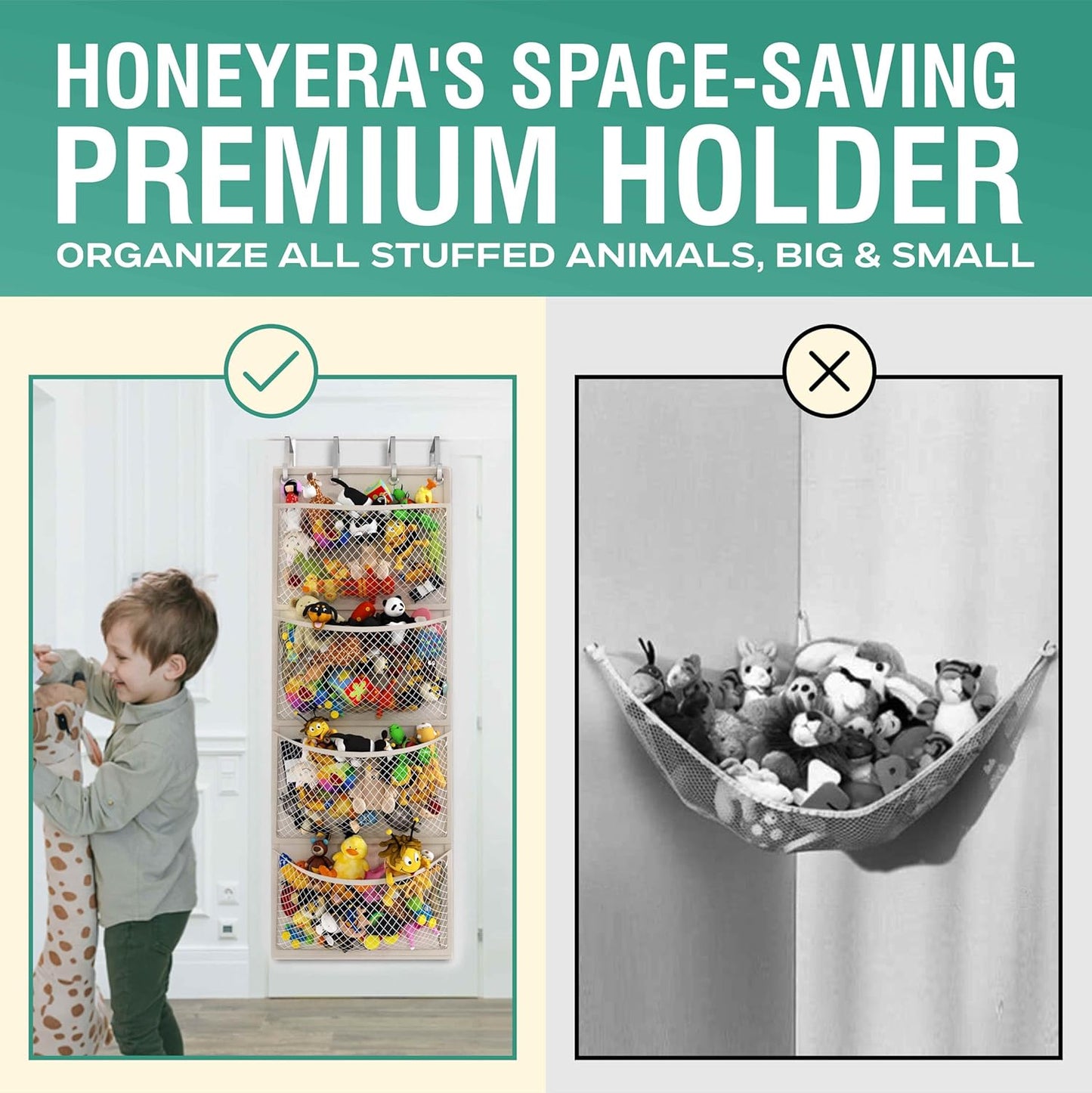 Honeyera The Original Storage for Stuffed Animals, Over Door Organizer for Stuffies, Baby Accessories, Toy Plush, Breathable Hanging Pockets Big Girls Toddler Large Bag