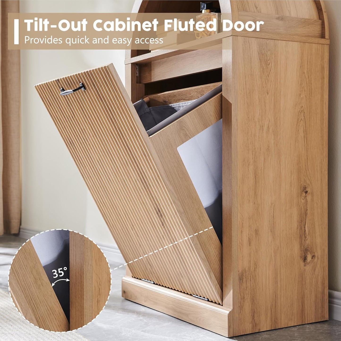 Arched Tilt-Out Trash Can Cabinet, Fluted 10 Gallon Trash Can with Open Shelf, Modern Laundry Hamper Cabinet, Hidden Garbage Can with Storage Basket for Kitchen, Living Room, Narural