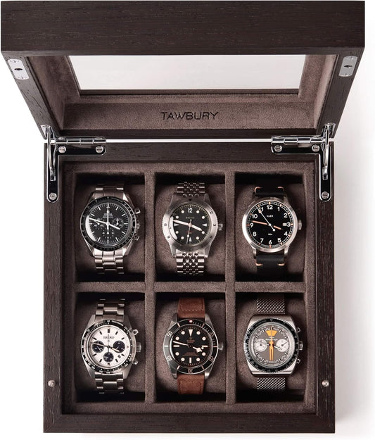 TAWBURY Wooden Watch Box Organizer for Men – 6 Slot Watch Box for Men | Luxury Watch Case for Men | Wood Watch Box Unisex | Wood Glass Watch Box Case Organizer | Wooden Watch Boxes for Men 6 Slot