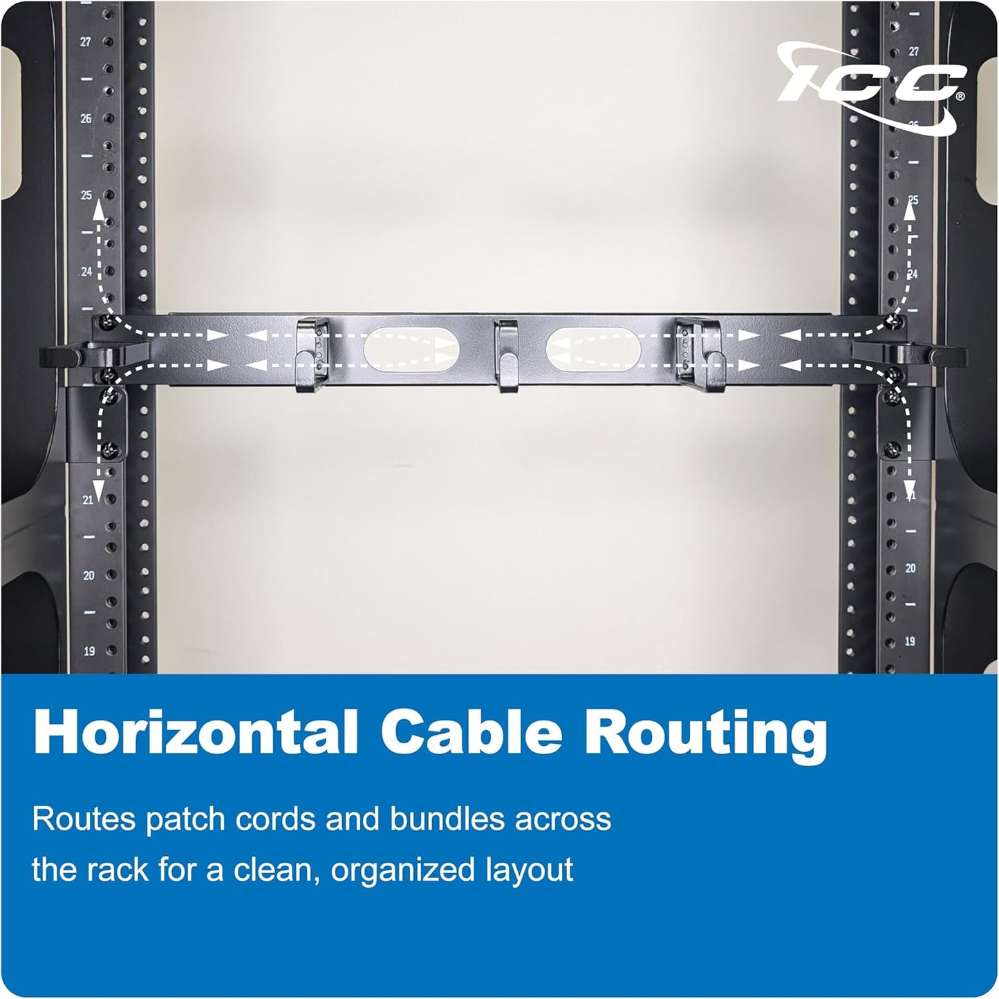 ICC 1U Ring Cable Manager Panel with Cover, Metal, 3" D-Rings, Horizontal and Vertical Cable Management, Rackmount for 19” Network Racks, Black, Single Pack