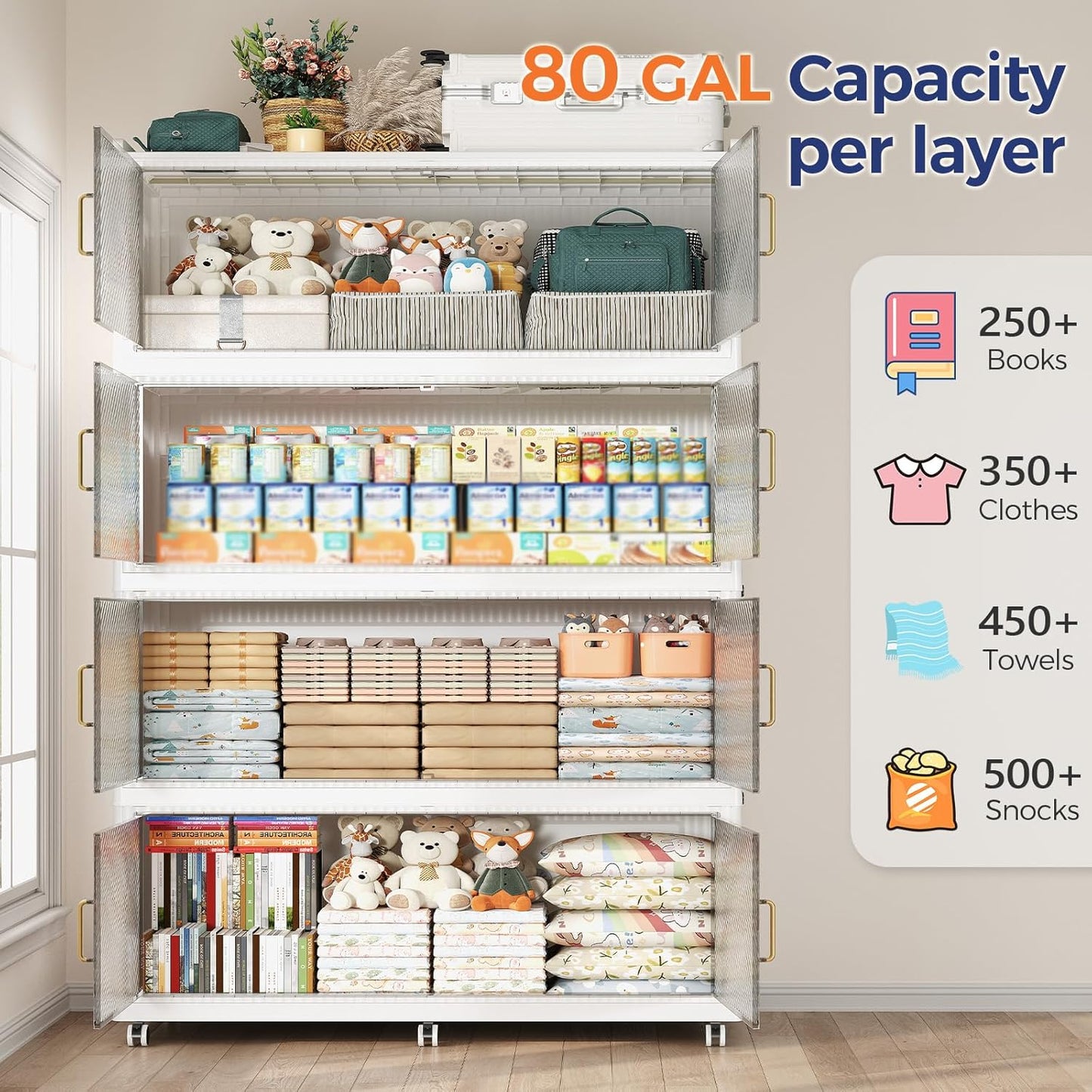320GAL Extra Large Storage Bins with Lid, 1280QT Collapsible Organizer with Wheels, Stackable Closet Cabinet with Doors, Folding Storage Containers for Home, Office, Kitchen, 3Pack White
