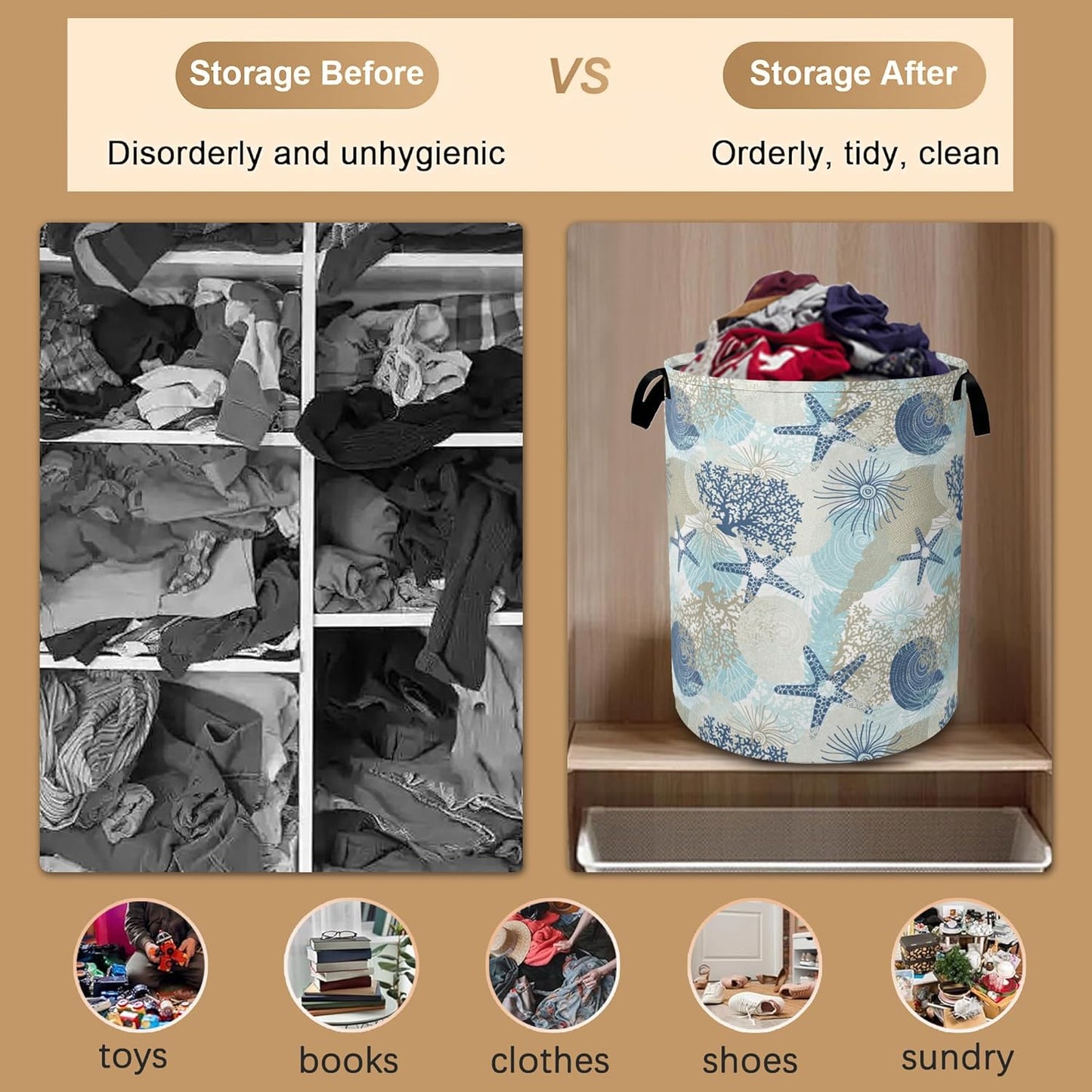 Large Laundry Basket,Corals Seashells Collapsible Laundry Baskets,Cute Algae Waterproof Oxford Hamper with Handles for Bathroom Bedroom Nursery Home Storage 16"x20"