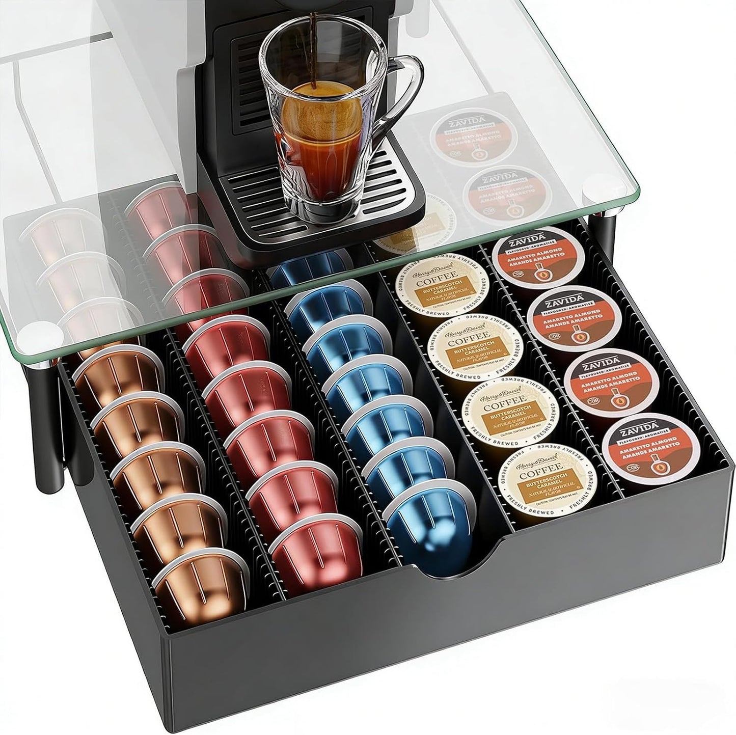 Coffee Pod Drawer Organizer with Tempered Glass Lid - Compatible with Nespresso Vertuo, Holds Up to 60 Small or 40 Large Capsules (Glass)