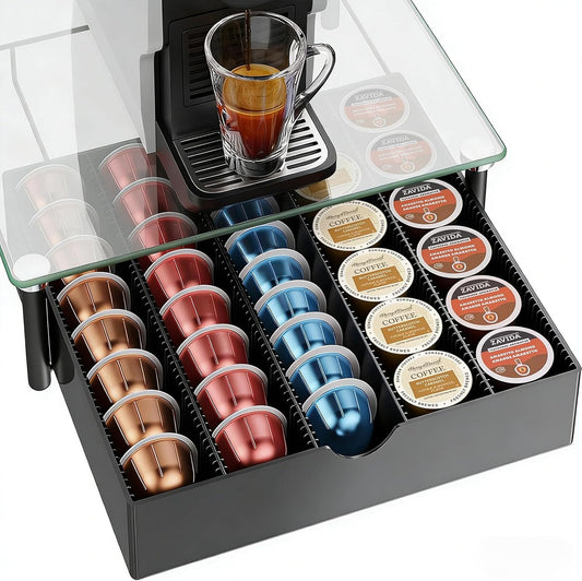 Coffee Pod Drawer Organizer with Tempered Glass Lid - Compatible with Nespresso Vertuo, Holds Up to 60 Small or 40 Large Capsules (Glass)