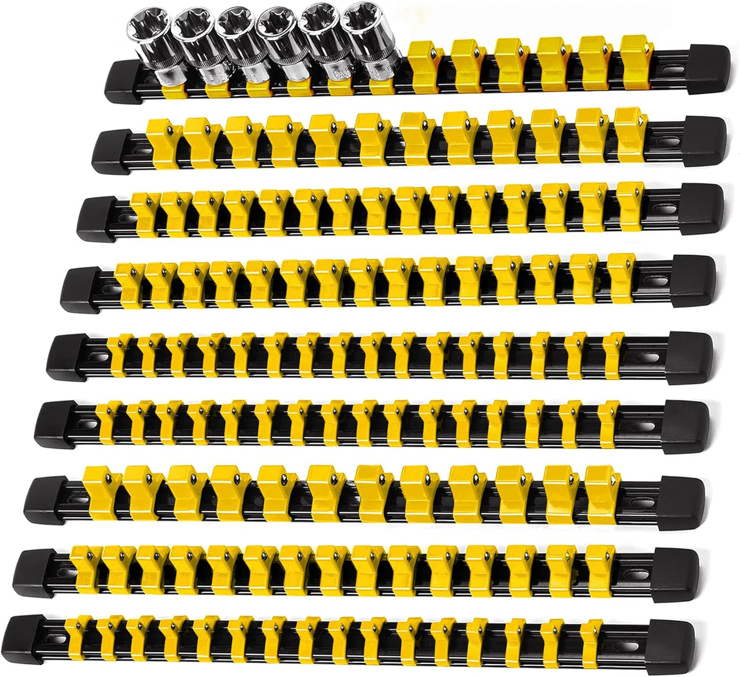 Socket Organizer Drive ABS Tools - Yellow Socket Holder, Premium Quality 9 Pieces Socket Holders Kit 1/4-Inch x 48 Clips, 3/8-Inch x 45 Clips, 1/2-Inch x 36 Clips（9PC,Yellow)