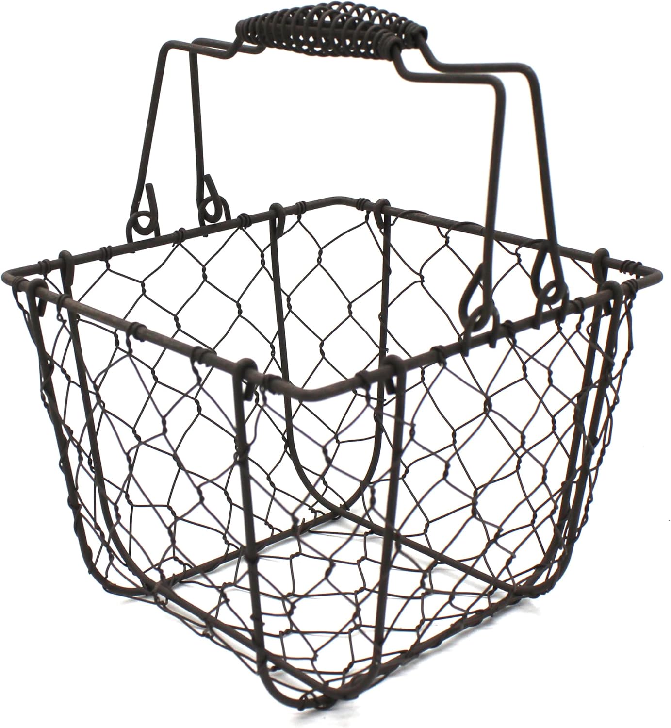 CVHOMEDECO. Square Chicken Wire Egg Basket Fruit Basket with Swing Handles Primitives Vintage Gathering Basket. Rusty