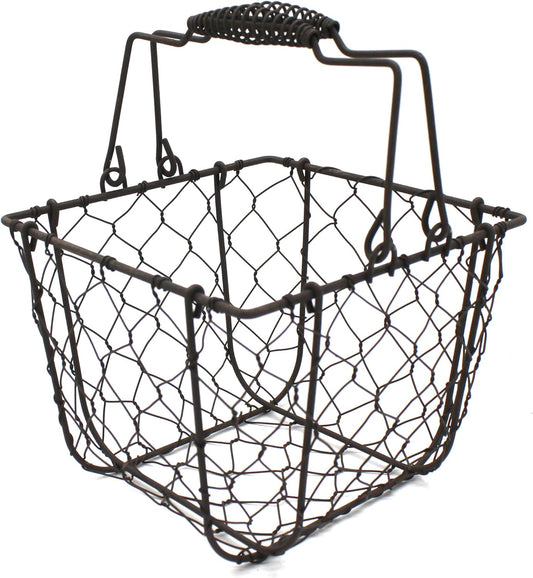 CVHOMEDECO. Square Chicken Wire Egg Basket Fruit Basket with Swing Handles Primitives Vintage Gathering Basket. Rusty