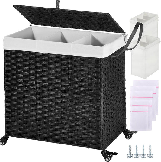 Greenstell Laundry Hamper with Wheels&Lid, 130L Large 3 Sections Clothes Hamper with 2 Types Removable Liner Bags, 5 Mesh Laundry Bags, Handwoven Divided Laundry Basket Black