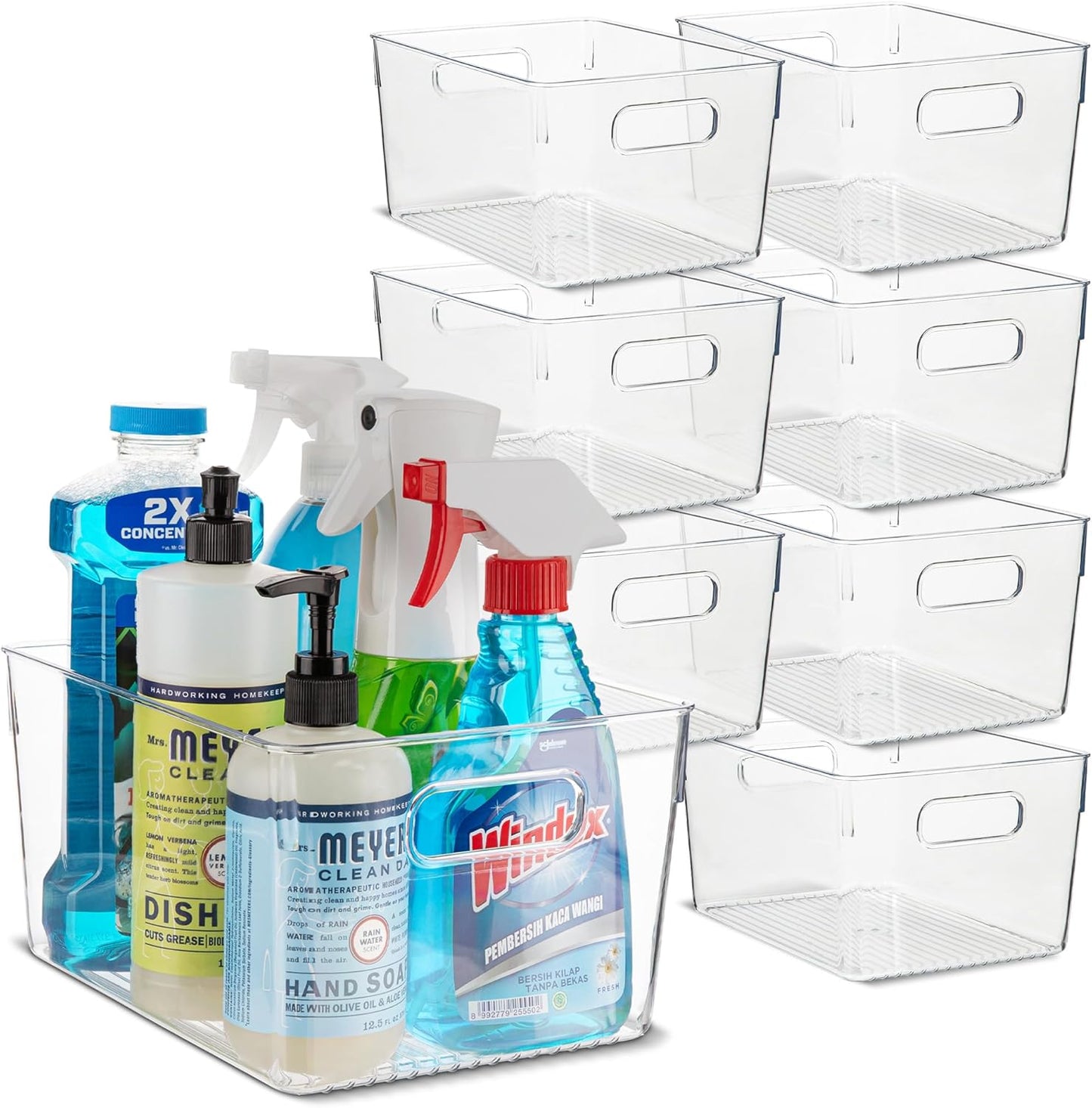 primebox Plastic Food Storage 8 Pack Clear Container Bin with Handles for Organizing Kitchen, Pantry, Refrigerator, Freezer, Pantry, Cabinet, Closet, Bathroom. 10”x7.5”x5.3”