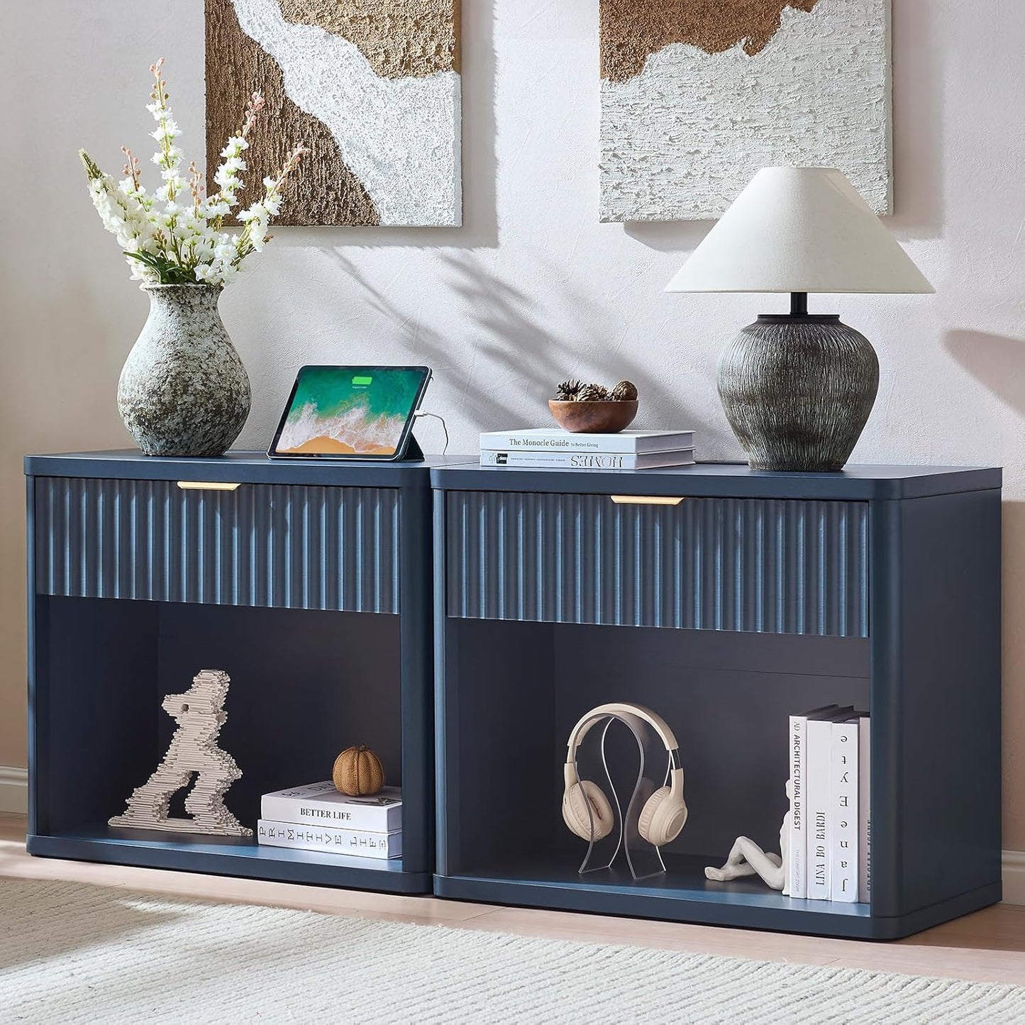 LEYAOYAO 31" Wide Fluted Nightstand Set of 2 with Charging Station, Oversized Extra Large 1 Drawer Night Stand with Golden Handle, Blue Wood Bedside Table Tall End Tables,for Bedroom, Living Room