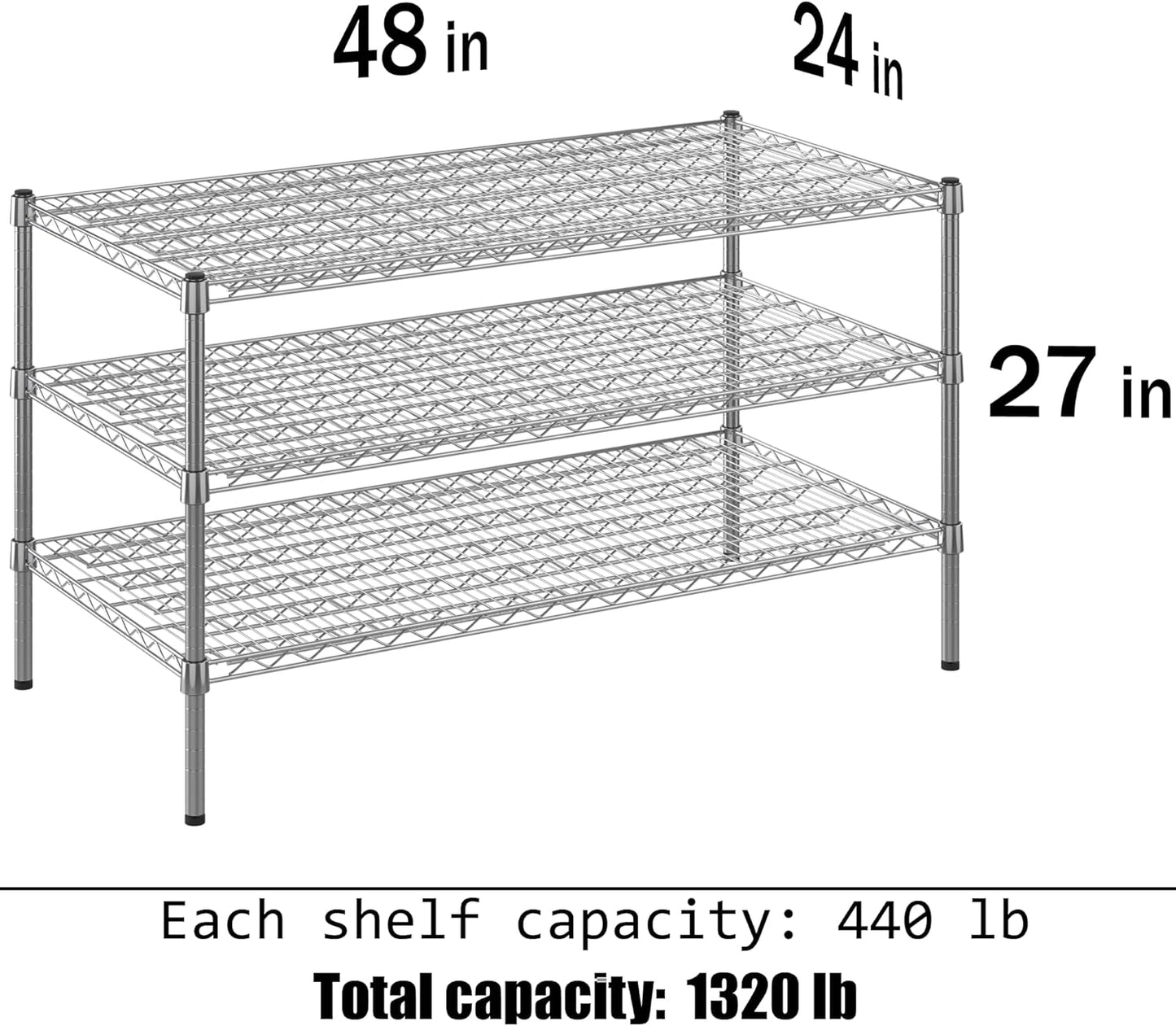 24" Deep x 48" Wide x 27" Height Wire Shelving Kit | 3-Tier | NSF Commercial Storage Rack Unit