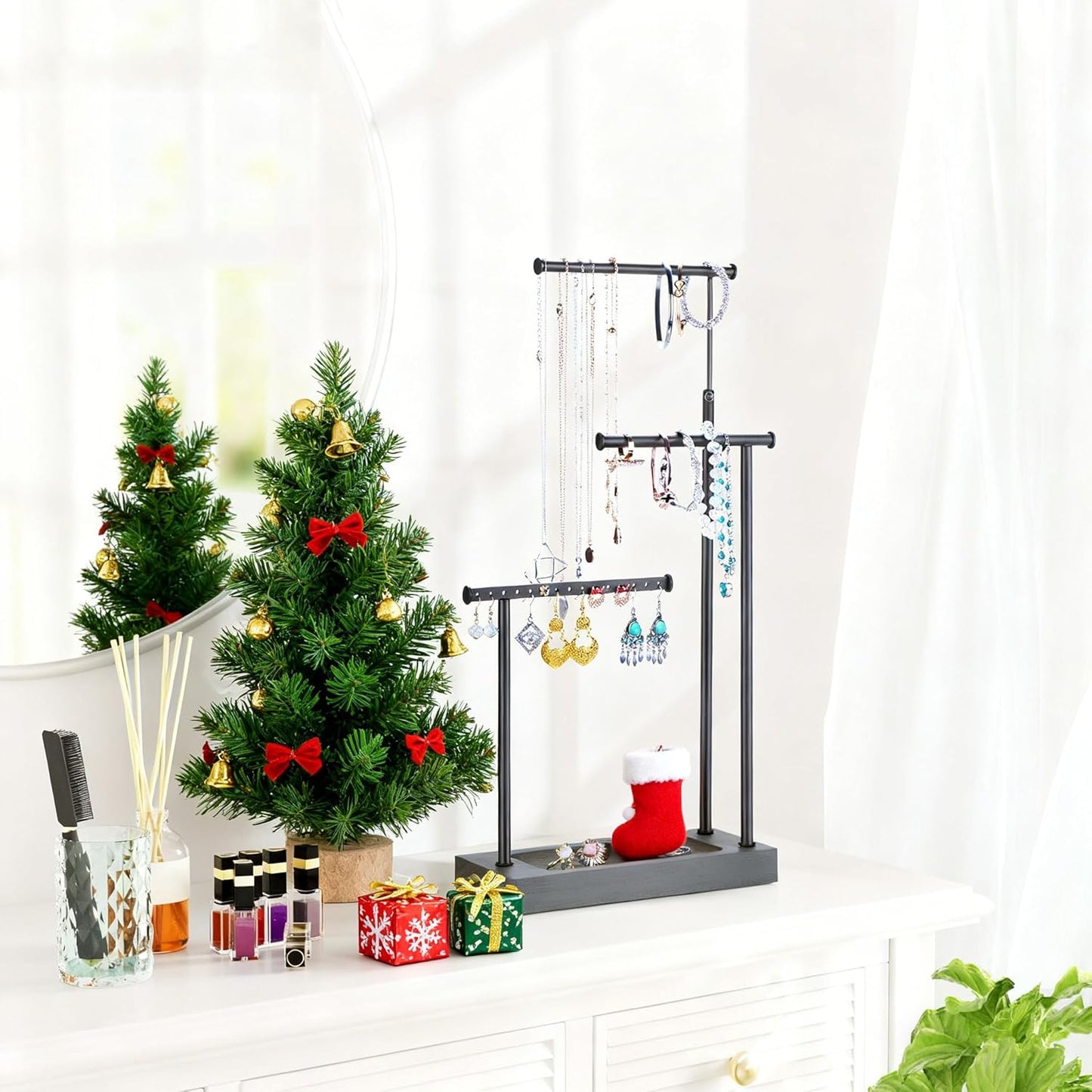 SRIWATANA Jewelry Organizer Display Extra Tall Necklace Holder 3 Tier Jewelry Tree Stand, Gift Idea (Weathered Grey & Black)