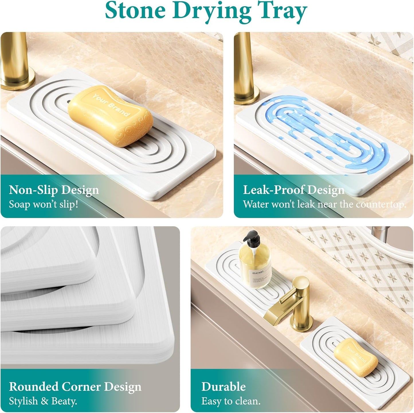 2 PCS Water Absorbing Stone Tray for Sink, Quick Drying Diatomite Bathroom Tray Countertop, Stone Drying Mat for Kitchen Counter Faucet, Soap Dish Dispenser Vanity Organizer, White-A-8.3" x 4"