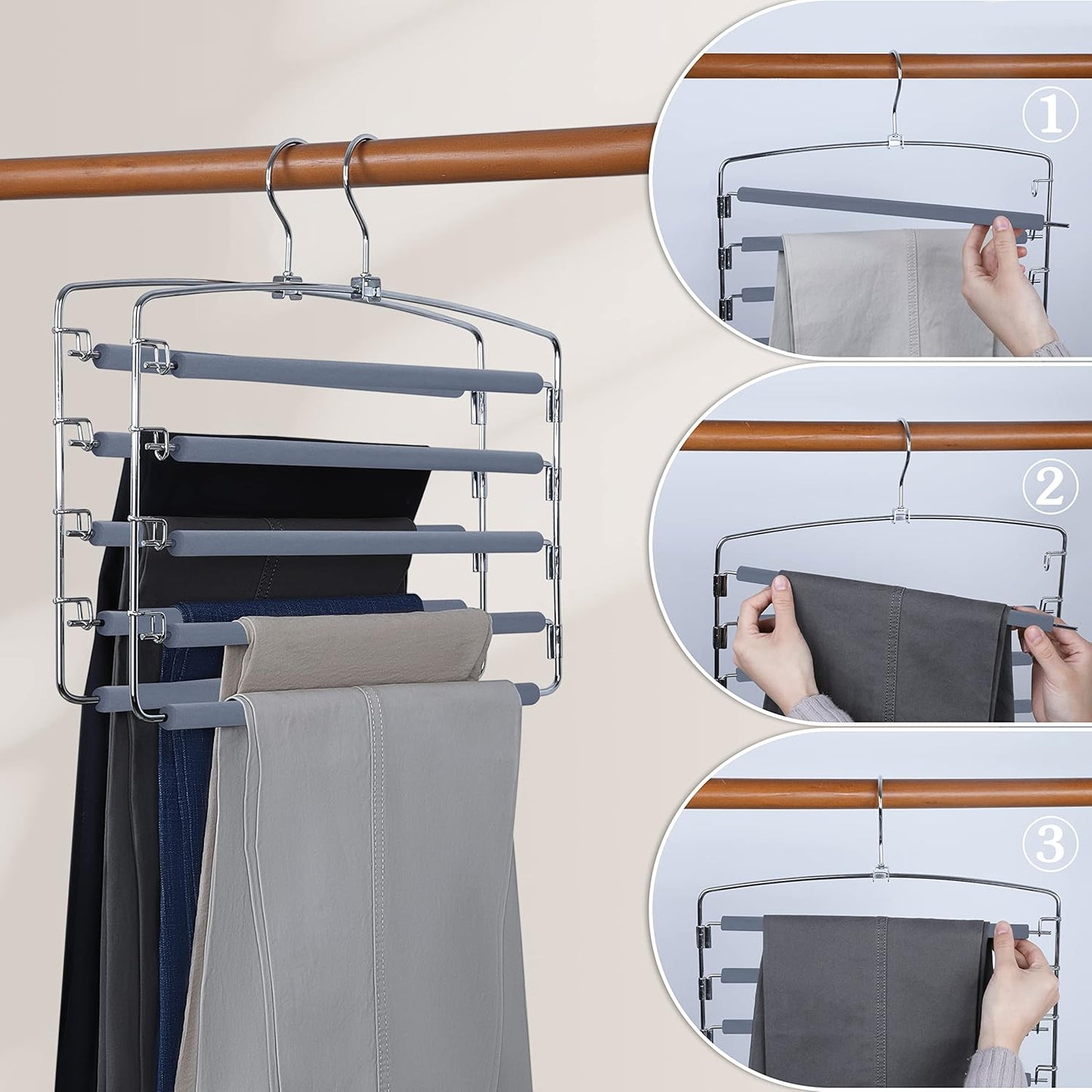 TOPIA HANGER Pants Hangers Space Saving, Swing Arm Pants Organizer for Closet, Non-Slip Foam Padded Organizer Hanger for Multi Slacks, Jeans, Trousers, Skirts, Scarfs (Grey)-2 Pack,CT08G