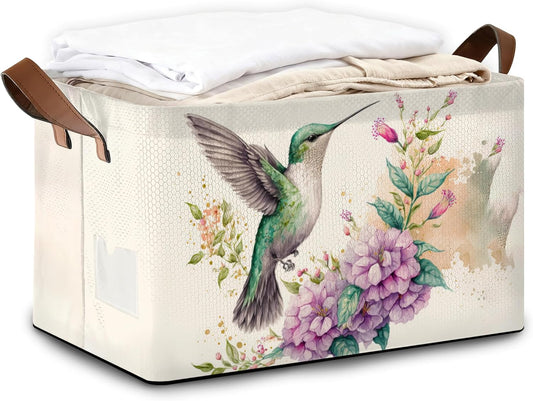 32L Large Storage Bins with Handles, Basket Organizer for Shelves, Closet, Books, Laundry & Home Decor (Hummingbird Flower)