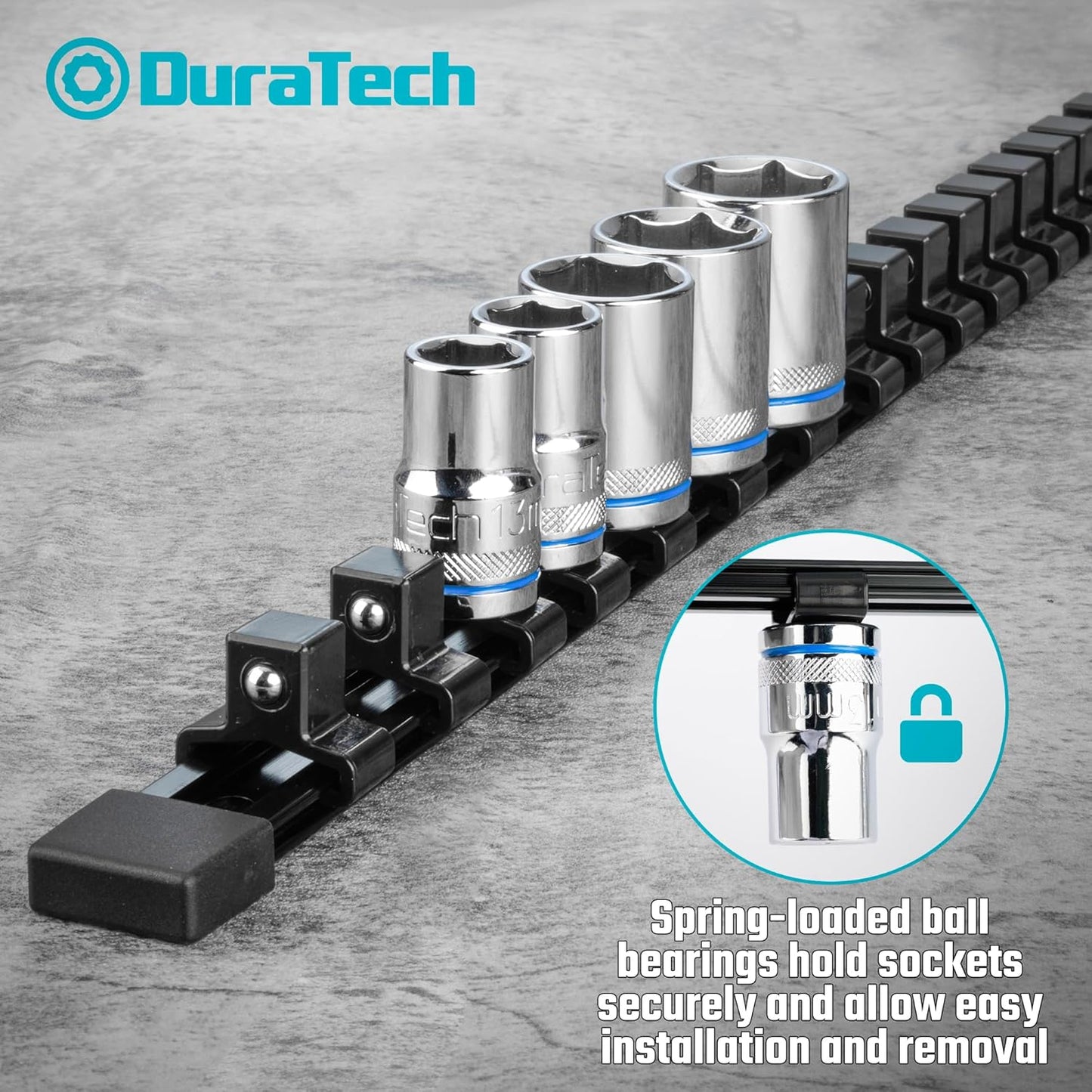 DURATECH Socket Organizer Set, 3-Piece Aluminum Alloy Socket Holder, Heavy Duty Socket Rail, 1/4" x 24 Clips, 3/8" x 18 Clips, 1/2" x 16 Clips
