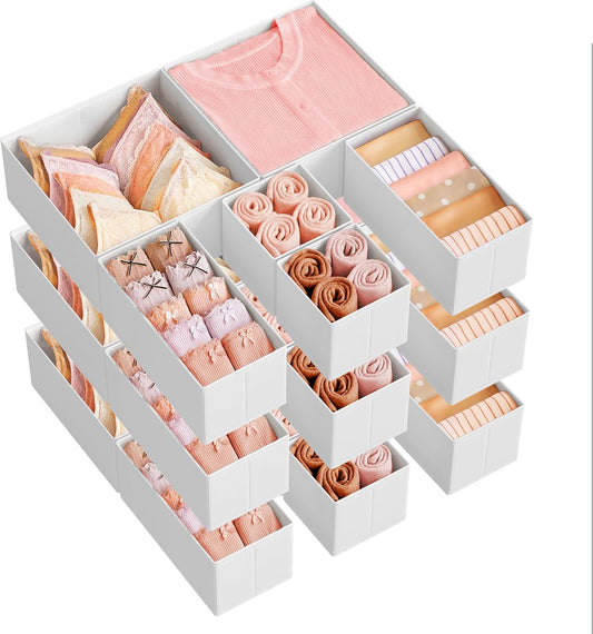 SONGMICS Drawer Organizers, Dresser Divider Organizers, Set of 18, Foldable Fabric Storage Boxes for Socks, Underwear, Bras, Ties, Scarves, Cloud White URDZ006W03