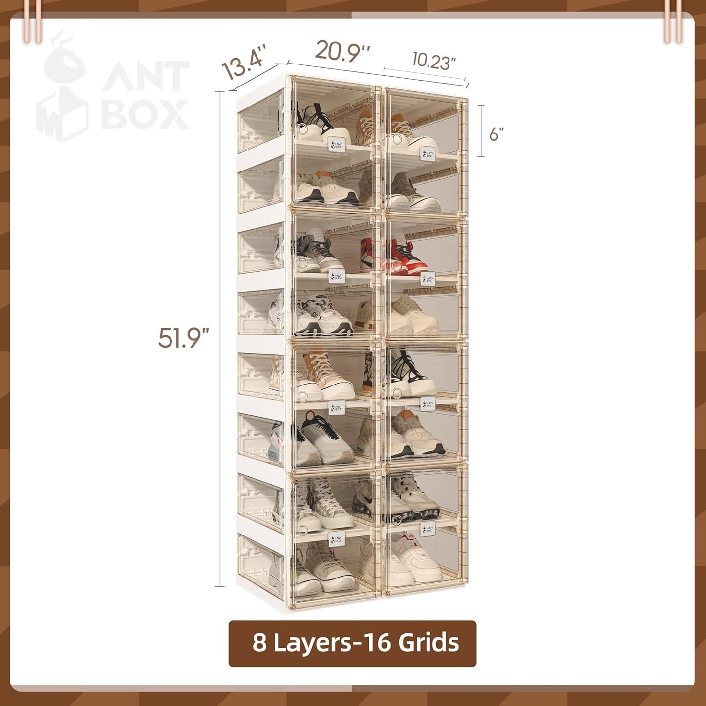 ANTBOX Foldable Shoe Rack,Shoe Organizers for Closet Plastic Shoe Storage Box for Entryway,Living Room,Large Sturdy Stackable Sneaker Cabinet Bins with Magnetic Clear Door 8 Tiers 16 Pairs