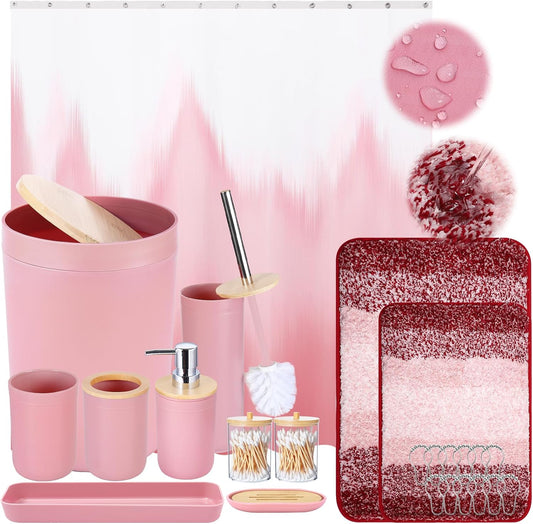 iMucci Bathroom Accessories Pink Bathroom Sets with Shower Curtain and Rug, Pink Ombre Waterproof Shower Curtain with Ultra Absorbent Rug Bathroom Accessories Set for Home Decor