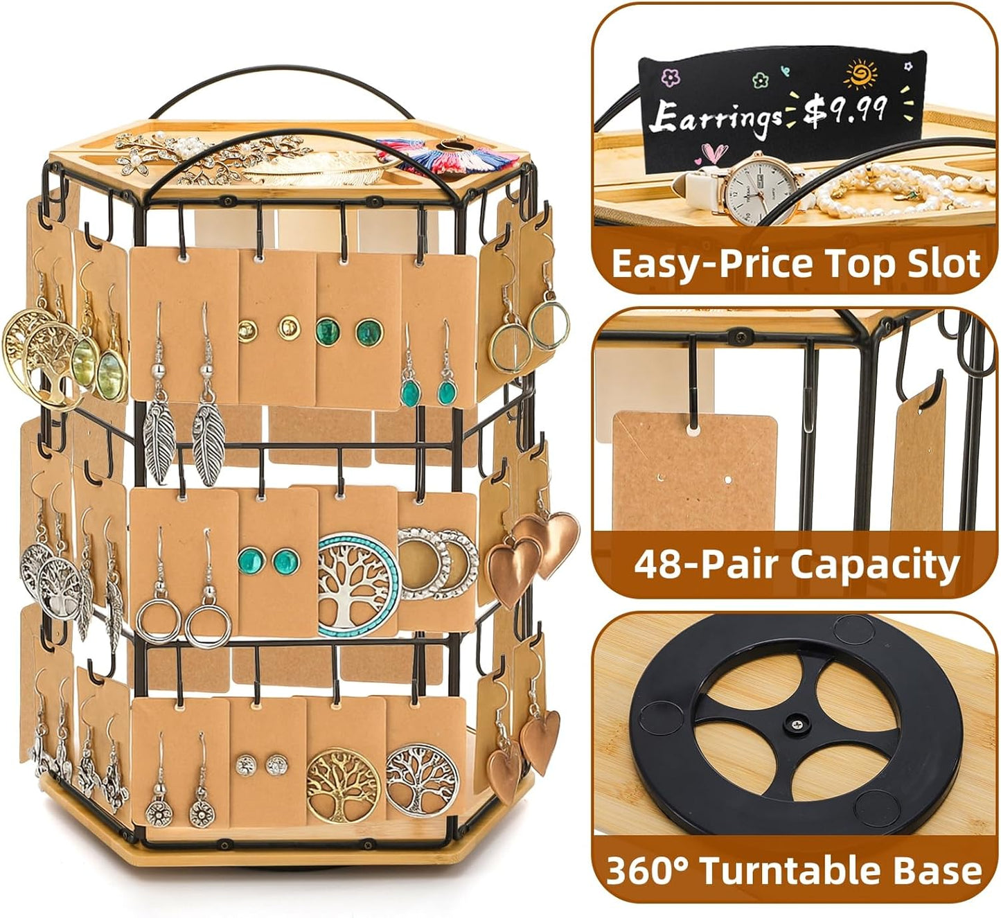 Rotating Earring Display Stand for Vendors, 48 Hooks Hexagon Bamboo Jewelry Holder, Large Capacity Jewelry Storage Showing Rack for Selling, Store, Home, Necklace Bracelet Keychain, 3 Tiers