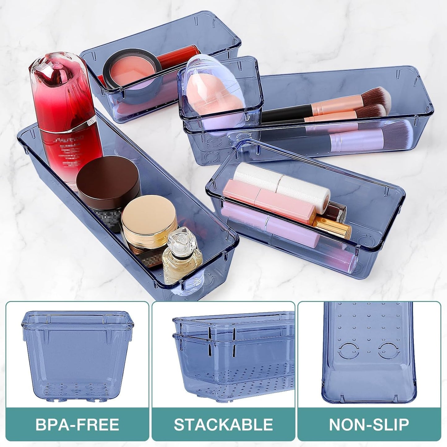 10 PCS Drawer Organizer Set, 5 Varied Size Bathroom and kitchen Drawer cabinet organizer Trays, Clear Storage Bins for Makeup, Jewelry, Utensils and Gadgets, Dark Blue