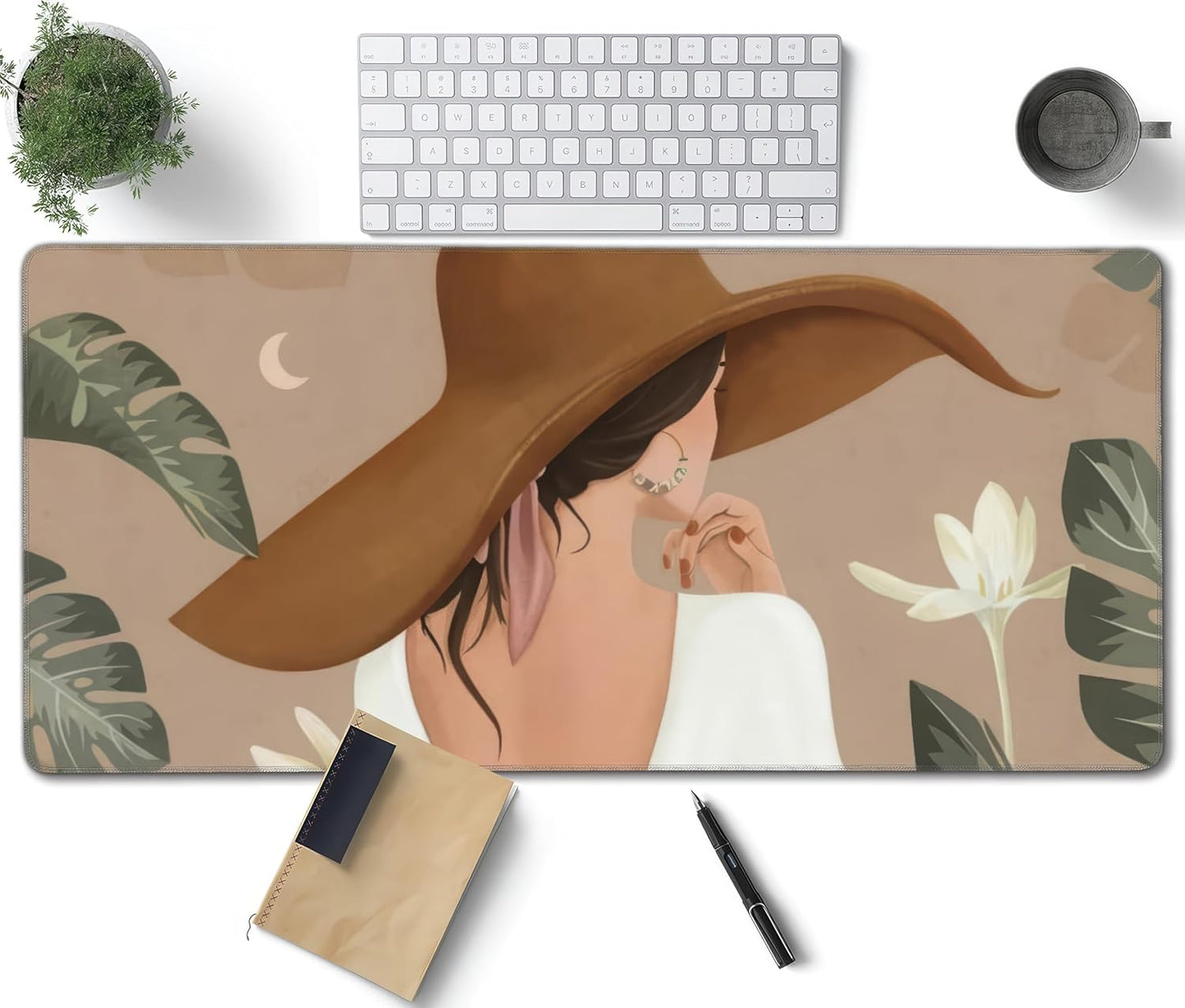 Elegant Lady Tropical Large Mouse Pad, Vintage Aesthetic Gaming Desk Mat, XXL Keyboard Desk Pad Mat for Desktop, 35.4"x15.7" Non-Slip Base Big Mousepad with Stitched Edges