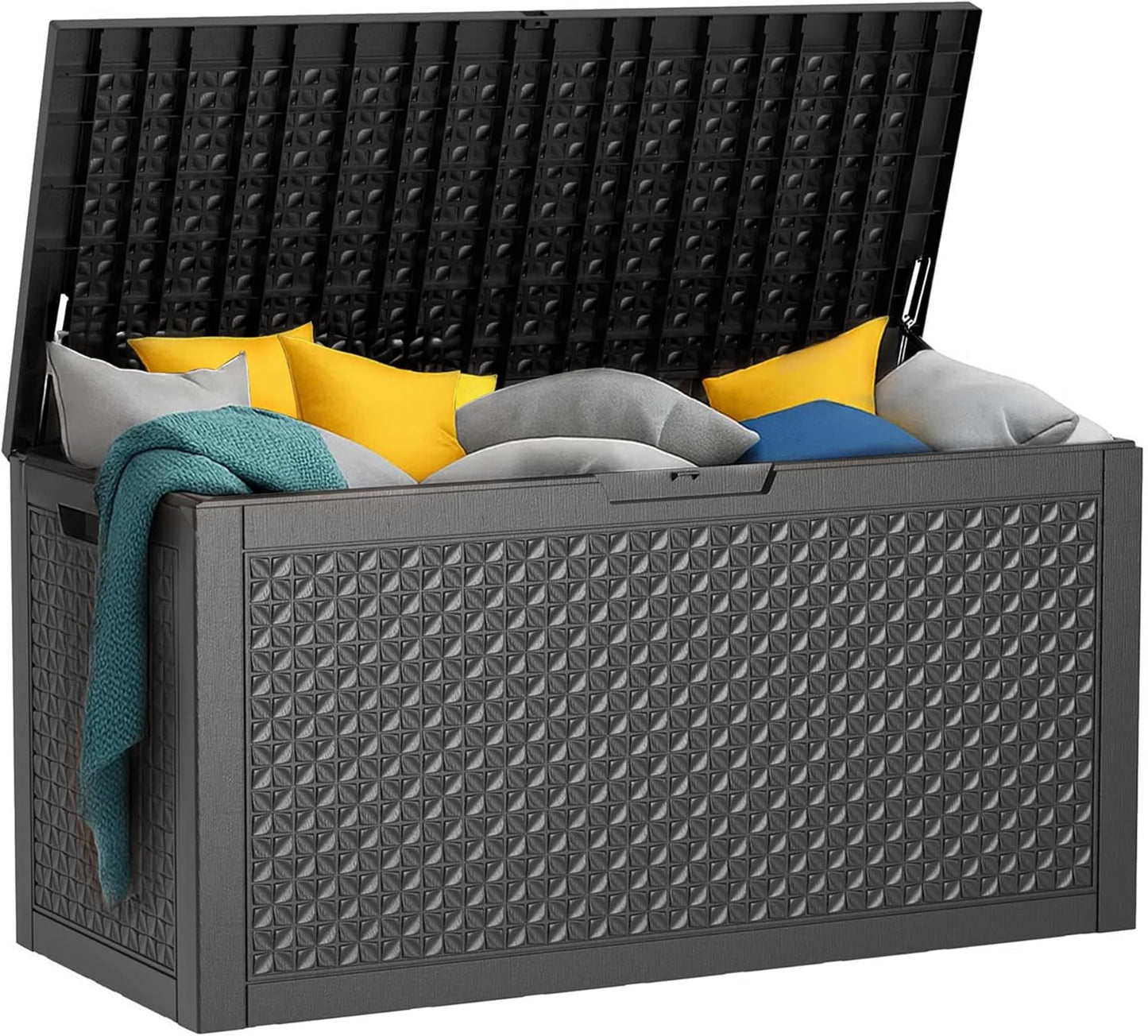 110 Gallon Resin Deck Box, Lockable Patio Outdoor Storage Box for Furniture, Garden Tools and Tools Storage, Waterproof Outside Storage Boxes - Patterned black