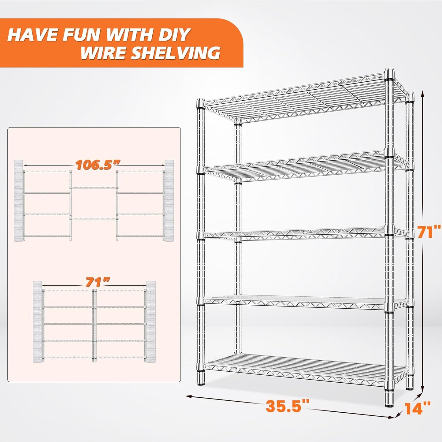 REIBII 5 Tier Metal Shelving Storage Shelves,71''H Adjustable Garage Shelving Unit and Storage,Wire Shelves Pantry Shelves for Kitchen Restaurant Warehouse Office,71H X 35.5W X 14D,Chrome