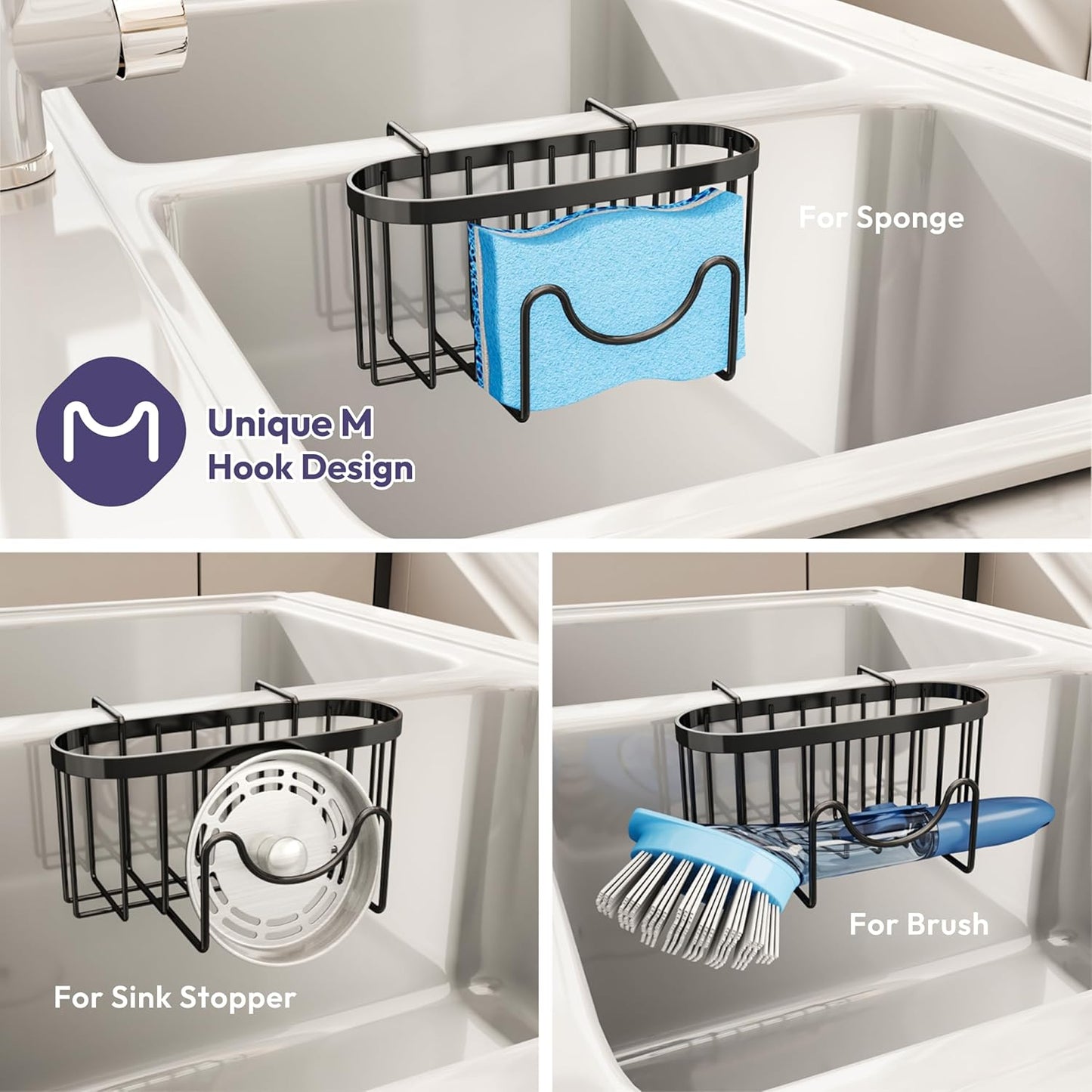 SWTYMIKI Sponge Holder for Kitchen Sink - Movable Kitchen Sink Caddy with M Shape Hook, Stainless Steel Hanging Sponges Caddy Organizer in Double Bowl Sinks Depth>3.15in, Middle divider<1.5in, Black