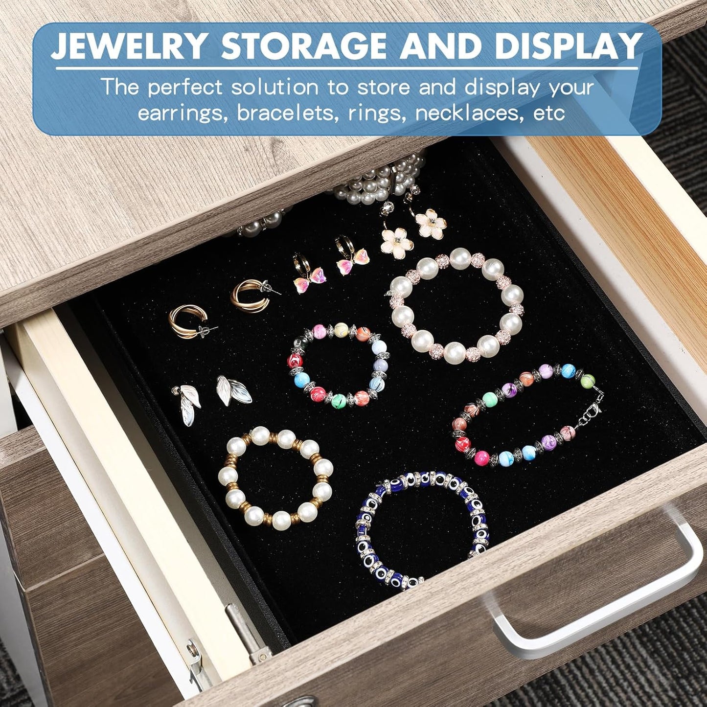 Quelay 10 Pcs Velvet Stackable Jewelry Tray Showcase Display, Jewelry Organizer Tray Bracelet Ring Earring Necklace Organizer Empty Plate for Drawers Countertop (Black)