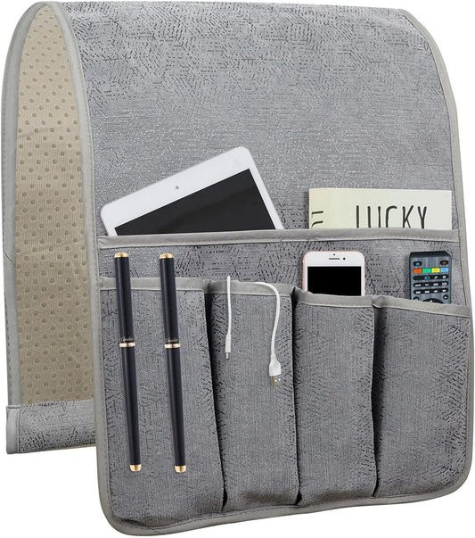 NB Sofa Armrest Organize remote holder bedside caddy organizer with 5 pockets，non-slip couch remote control holder couch armchair caddy accessories (Gray, 35"x12.4")