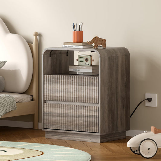 Dresser with 2 Drawers and Charging Station, Fluted Bedside Table with Round Curved Corner, Hidden Handles, 2 AC Outlets and 2 USB Ports, Modern Wood End Table with Open Shelf for Bedroom