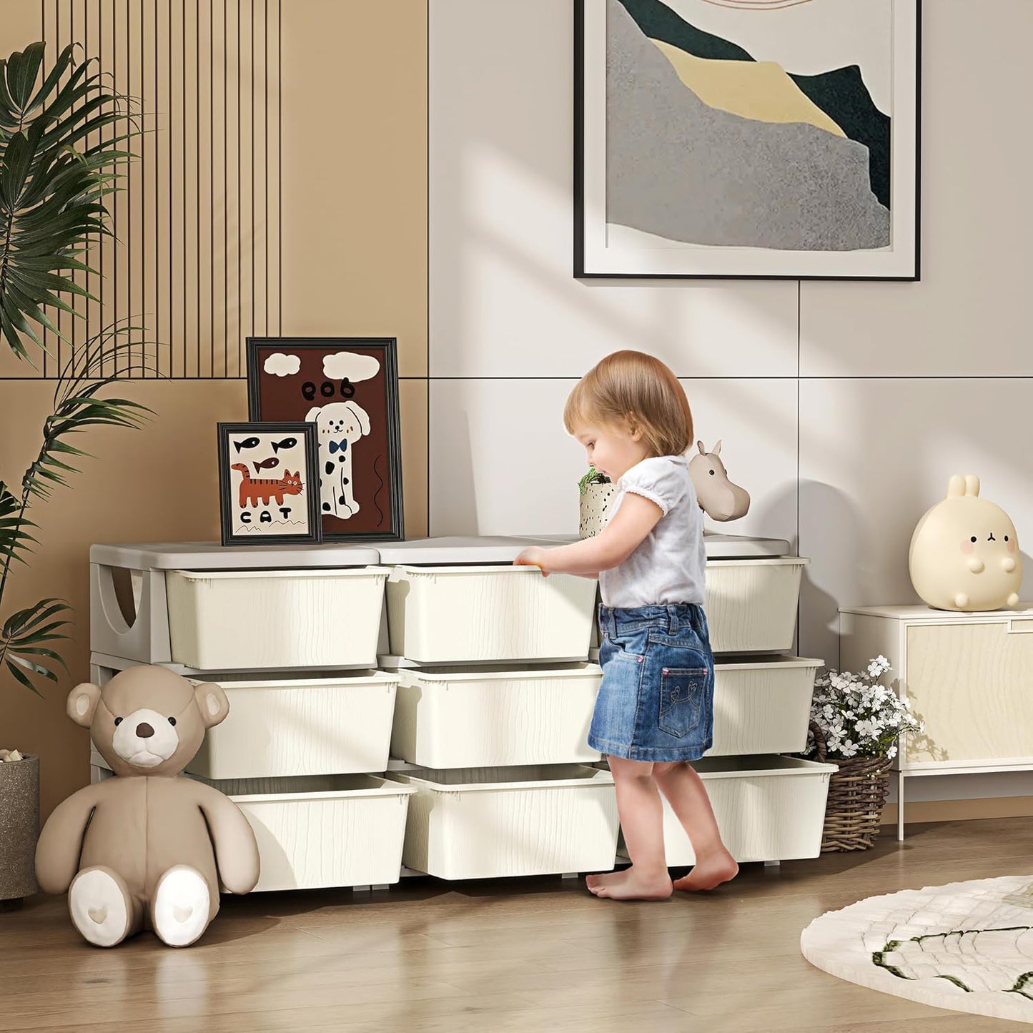 Qaba 3 Tier Kids Storage Unit, 9 Drawer Chest Toy Organizer Plastic Bins for Kids Bedroom Nursery Kindergarten Living Room for Boys Girls Toddlers, Cream White